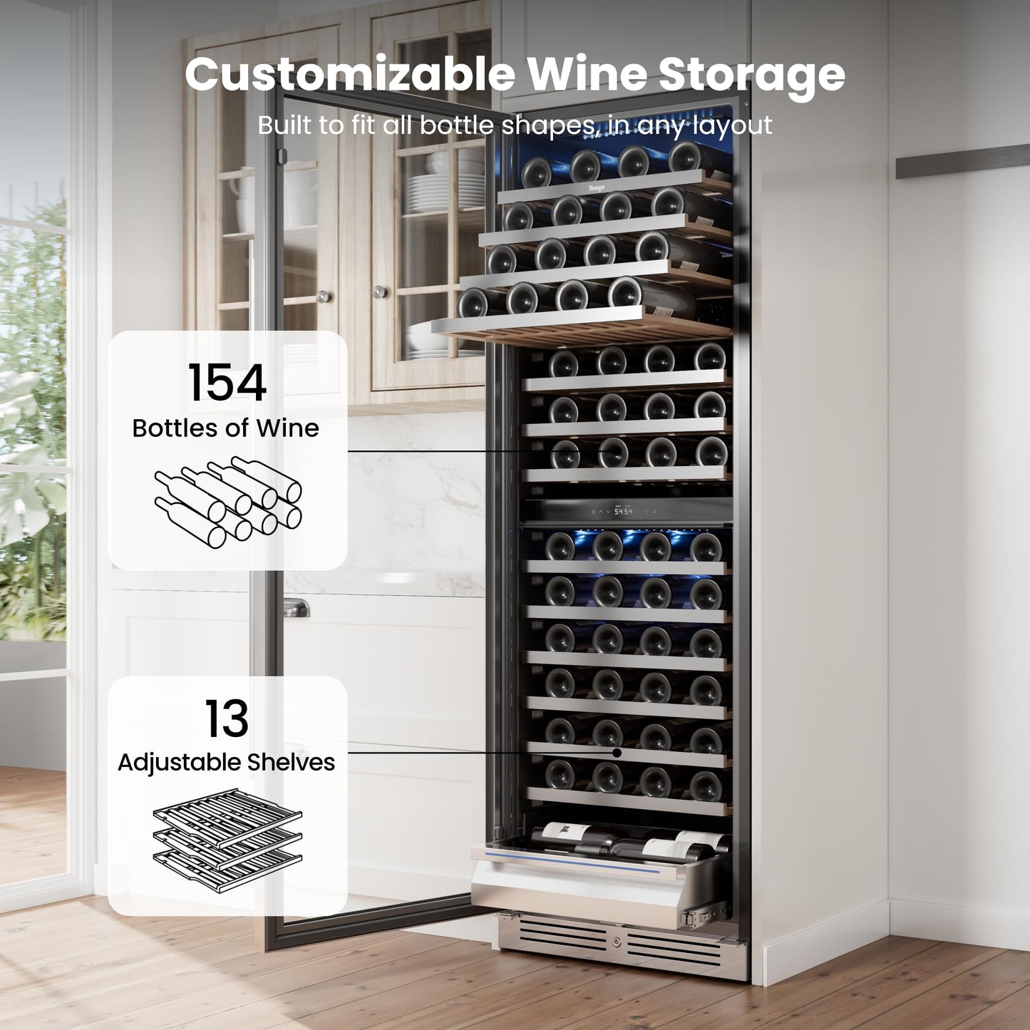Yeego 24 Inch Wine Fridge Cooler - 52 Bottles Wine Cooler with Glass Door, 40-65℉ Built-In or Freestanding Refrigerator, Under Counter Wine Fridge for Kitchen Bar Office (Left-Hinged)