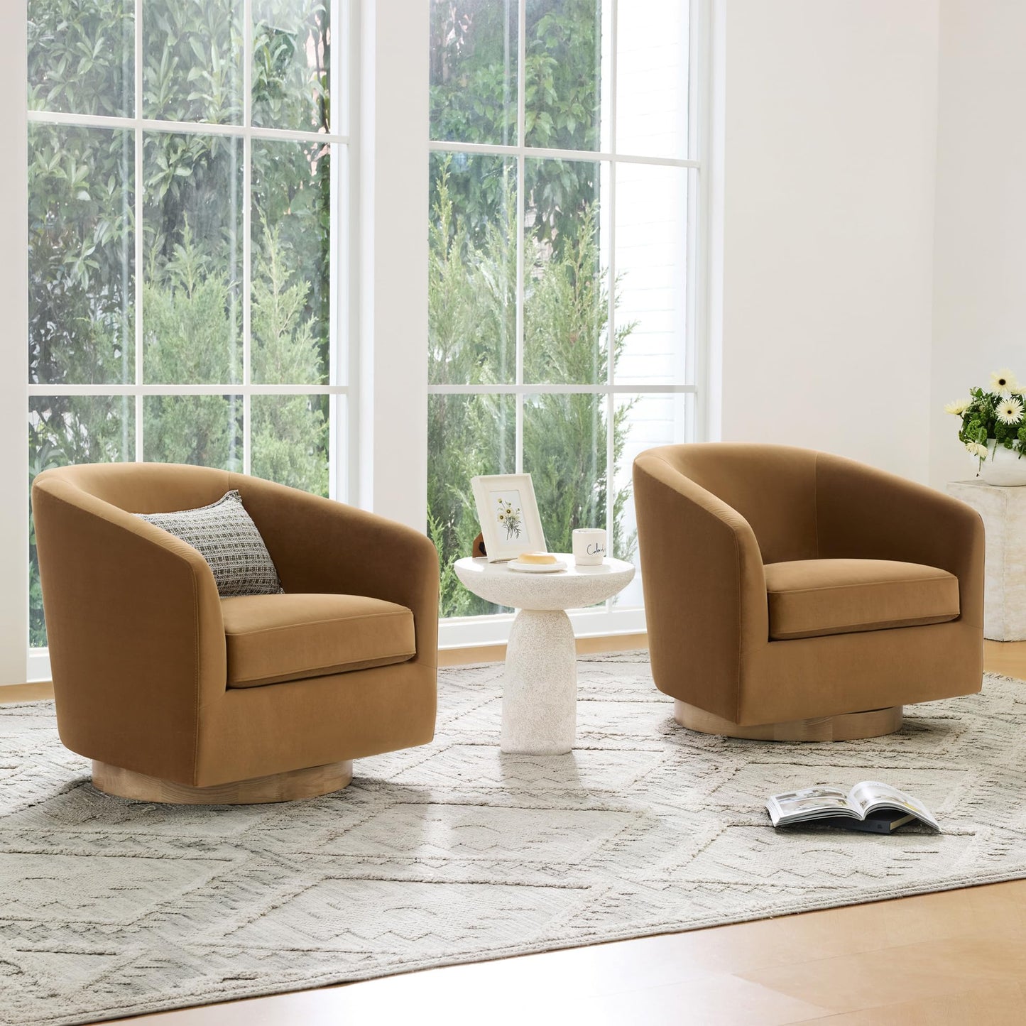 CHITA Swivel Accent Chair Set of 2, Fully Assembled Fabric Barrel Armchair with FSC Certified Upholstered for Living Room, Bedroom and Office, Flax Beige