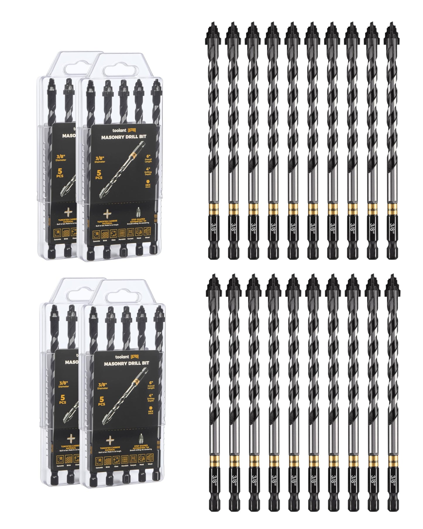 toolant Serrated Eccentric Masonry Drill Bit Set(5pcs),Four Edge Concrete Drill Bits for Glass, Tile, Brick, Cement Concrete Plastic,5/32"-3/8",Industrial Strength Carbide Drill Bit Tip