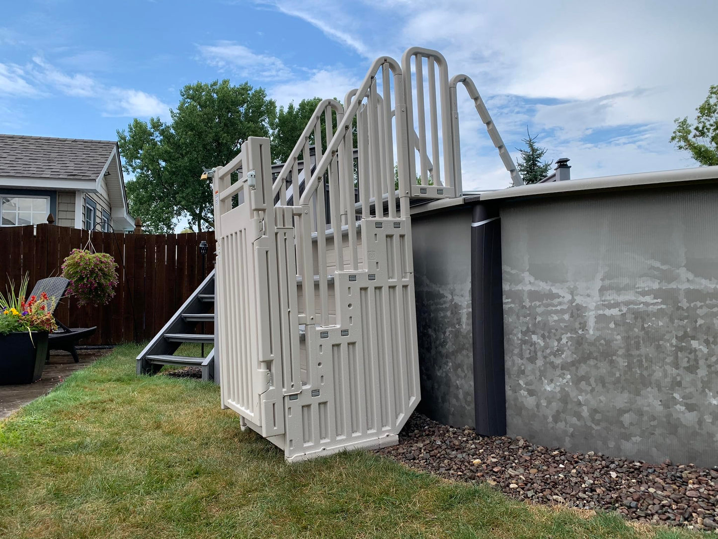 Confer Plastics Step-1X: Sturdy Above Ground Entry System with Dual Handrails and Slip-Resistant Steps, Easy Installation, Supports up to 400 lbs - Proudly Made in USA. Warm Grey with Grey Treads