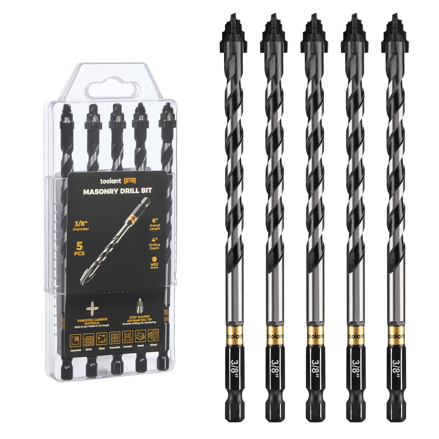toolant Serrated Eccentric Masonry Drill Bit Set(5pcs),Four Edge Concrete Drill Bits for Glass, Tile, Brick, Cement Concrete Plastic,5/32"-3/8",Industrial Strength Carbide Drill Bit Tip