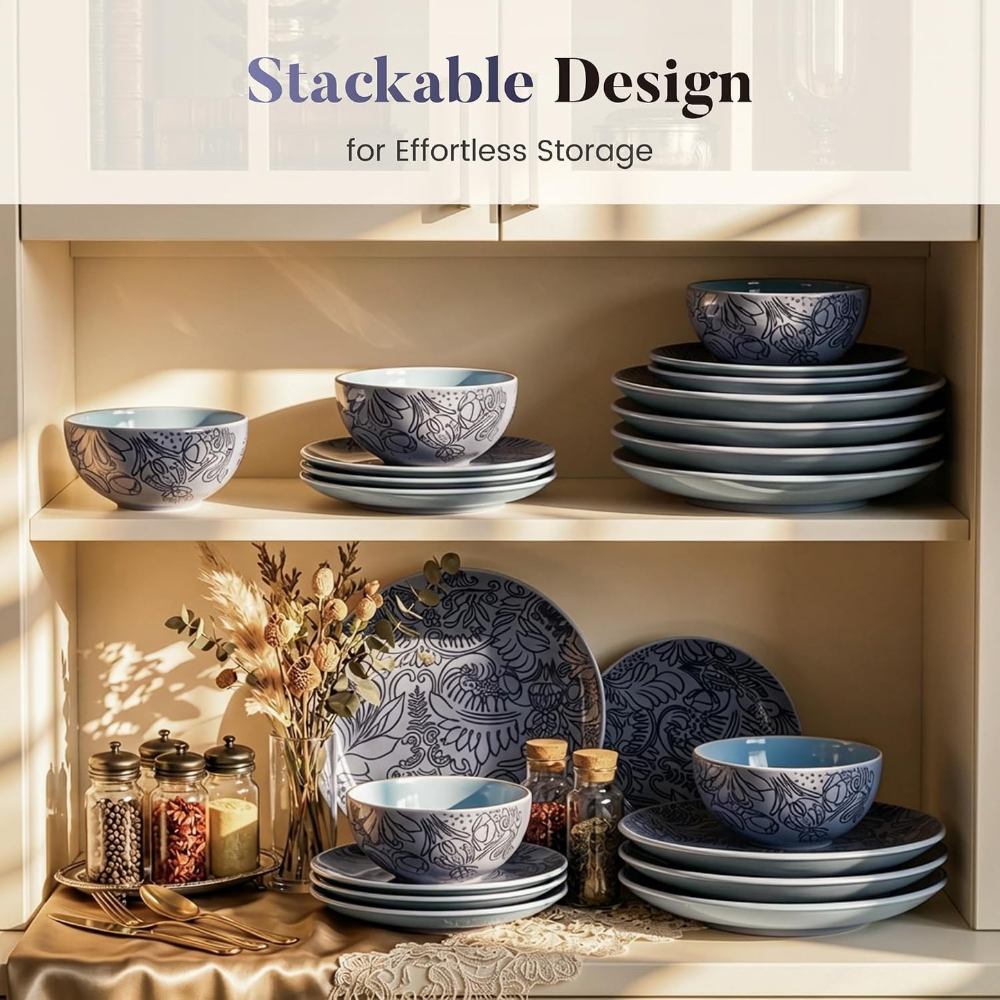 Kitchen Academy Scandinavian Dinnerware Set for 4, Stoneware Plates and Bowls Set Non Toxic, 12 Pcs Kitchen Dish Set, Microwave & Dishwasher Safe