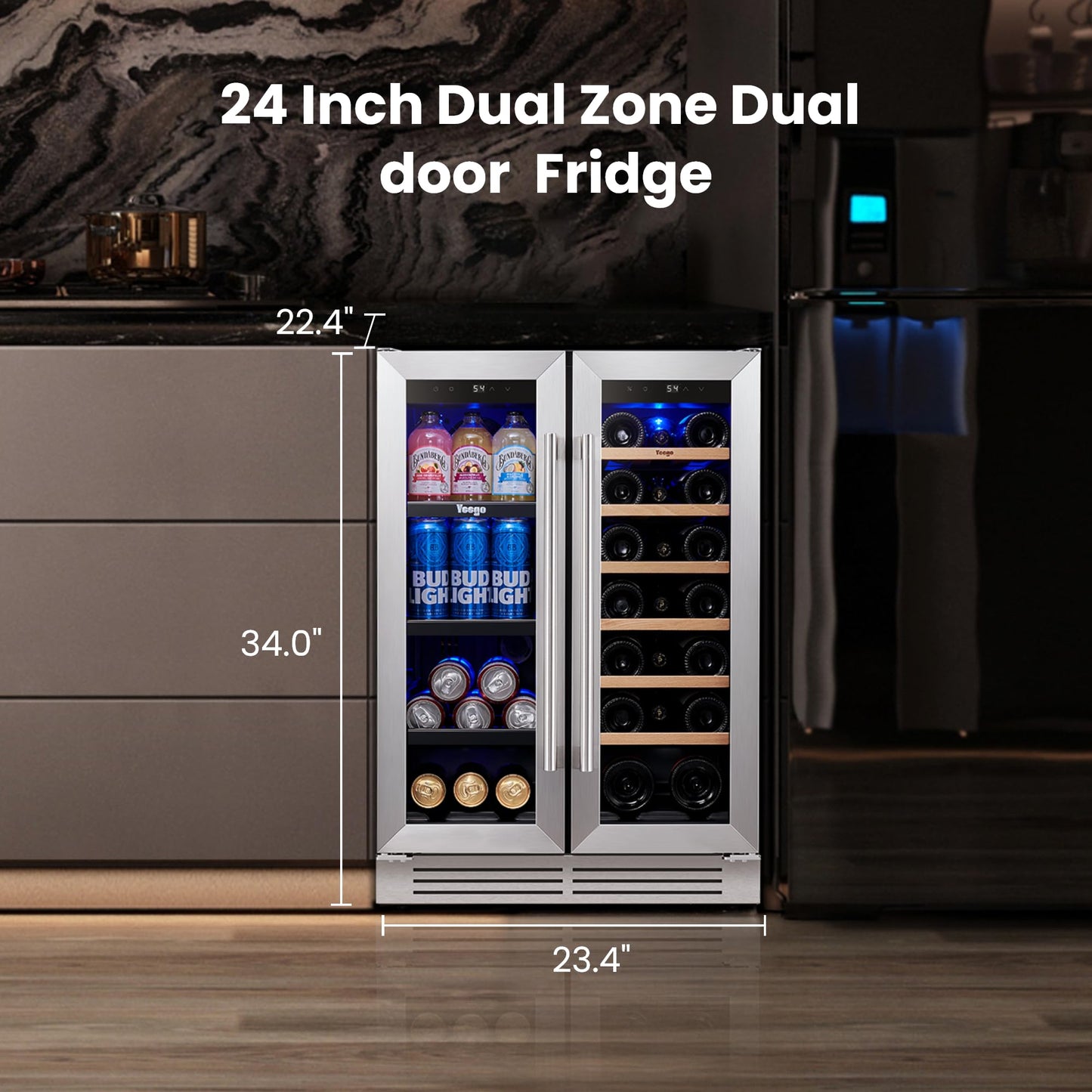 Yeego 24 Inch Beverage Refrigerator – 180 Can Built-In Under Counter Drink Fridge with Glass Door, 34–54°F Cooling for Beer, Soda & Wine (Right-Hinged)