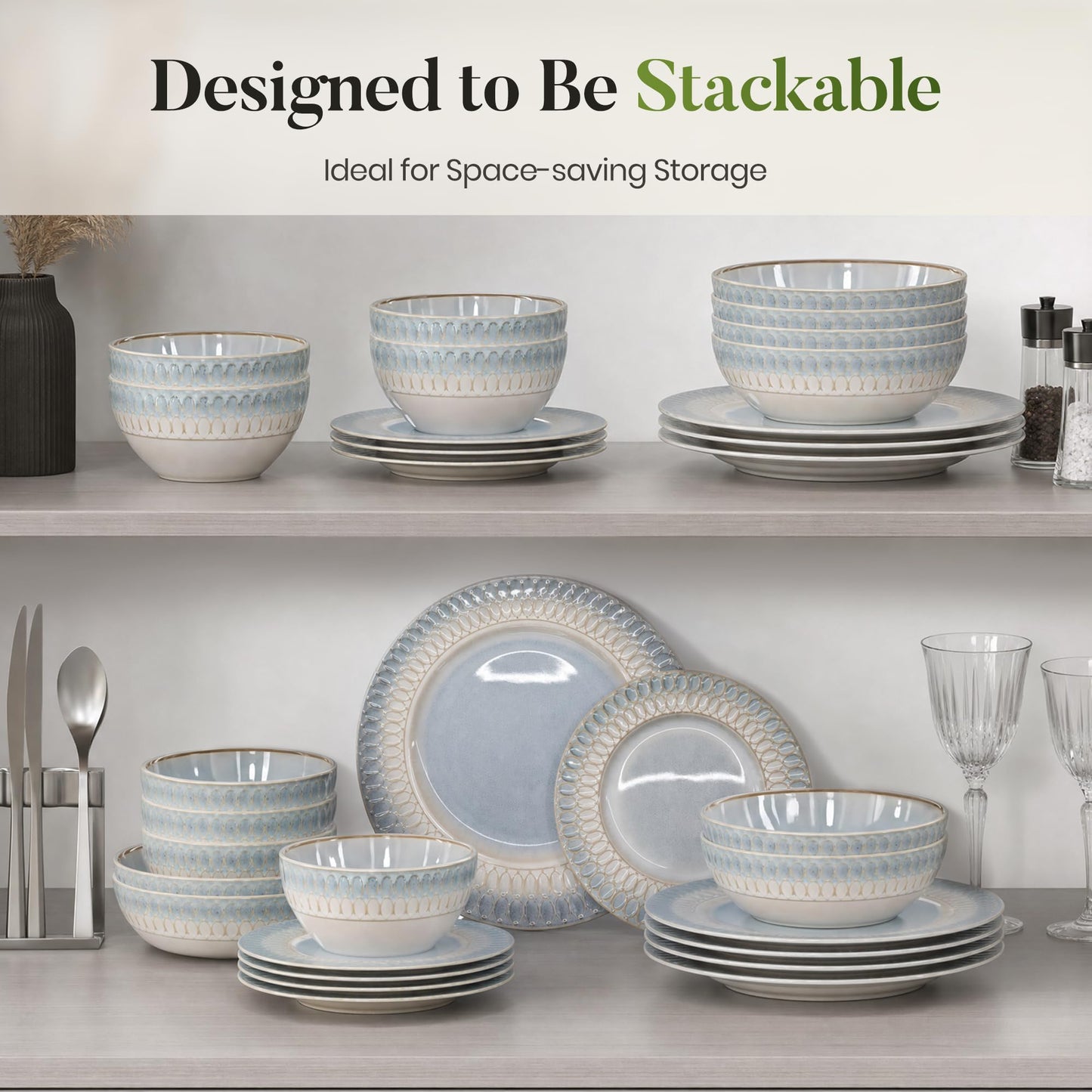 Kitchen Academy Stoneware Dinnerware Sets for 8, Embossed Ceramic Plates and Bowls Set, Beige Dishes