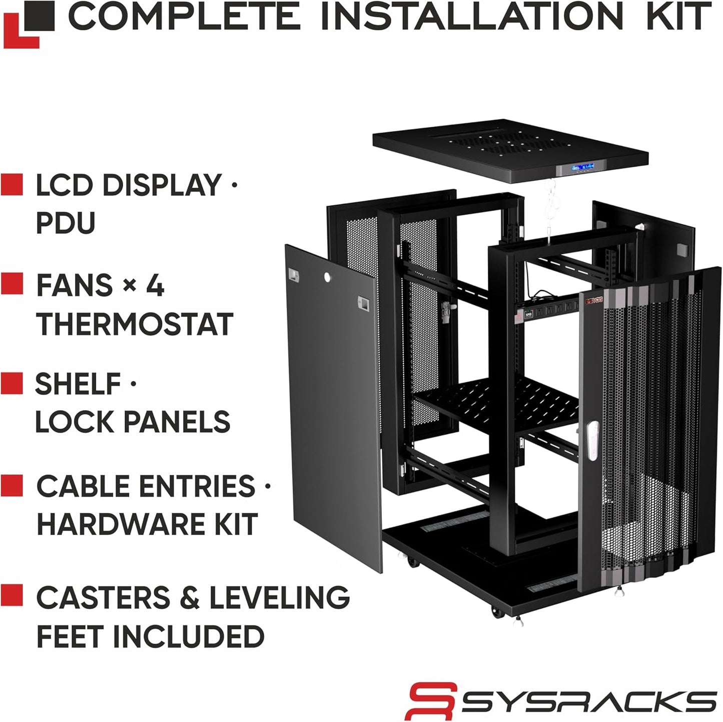 Sysracks 27U Server Rack Cabinet, 39" Deep, Vented Door, 19-Inch | 4 fans, thermostat controller, PDU, shelf, casters, 1600 lb capacity