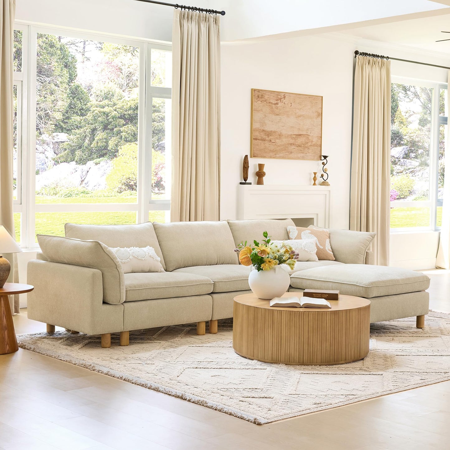 CHITA 127" Super Large Sectional Couches for Living Room, Modular Cloud Couch Sectional Sofa, Premium Fabric Couches, Down Filled, High Density Foam, Chenille in Cream, 4 Seat L Shaped