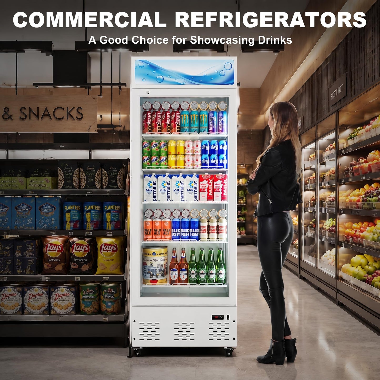 26.8'' W Commercial Beverage Refrigerator, 15 Cu.ft Upright Display Merchandiser Cooler Fridge with LED Light, Adjustable Shelves & Lockable Door for Restaurant Grocery Stores Home, White