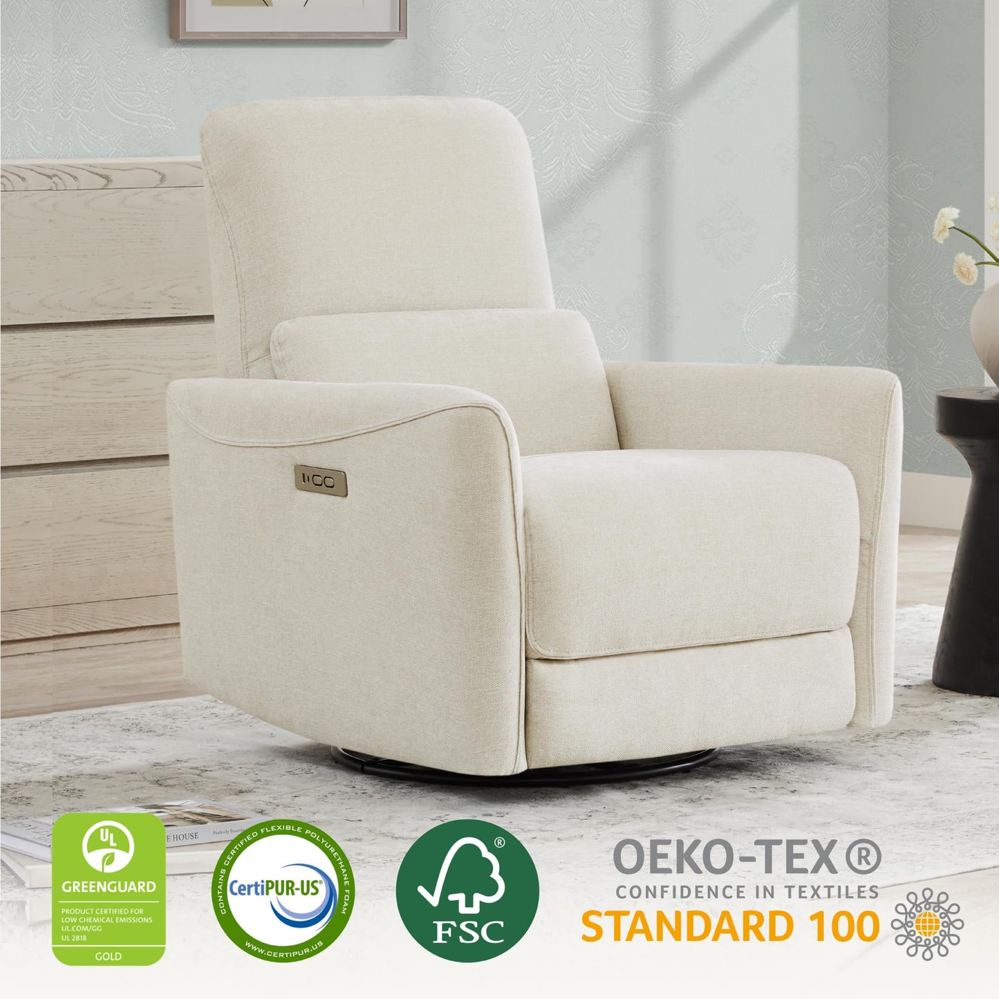 CHITA Power Recliner Chair Swivel Glider, FSC Certified Upholstered Living Room Nursery Reclining Sofa Chair with Lumbar Support, Linen