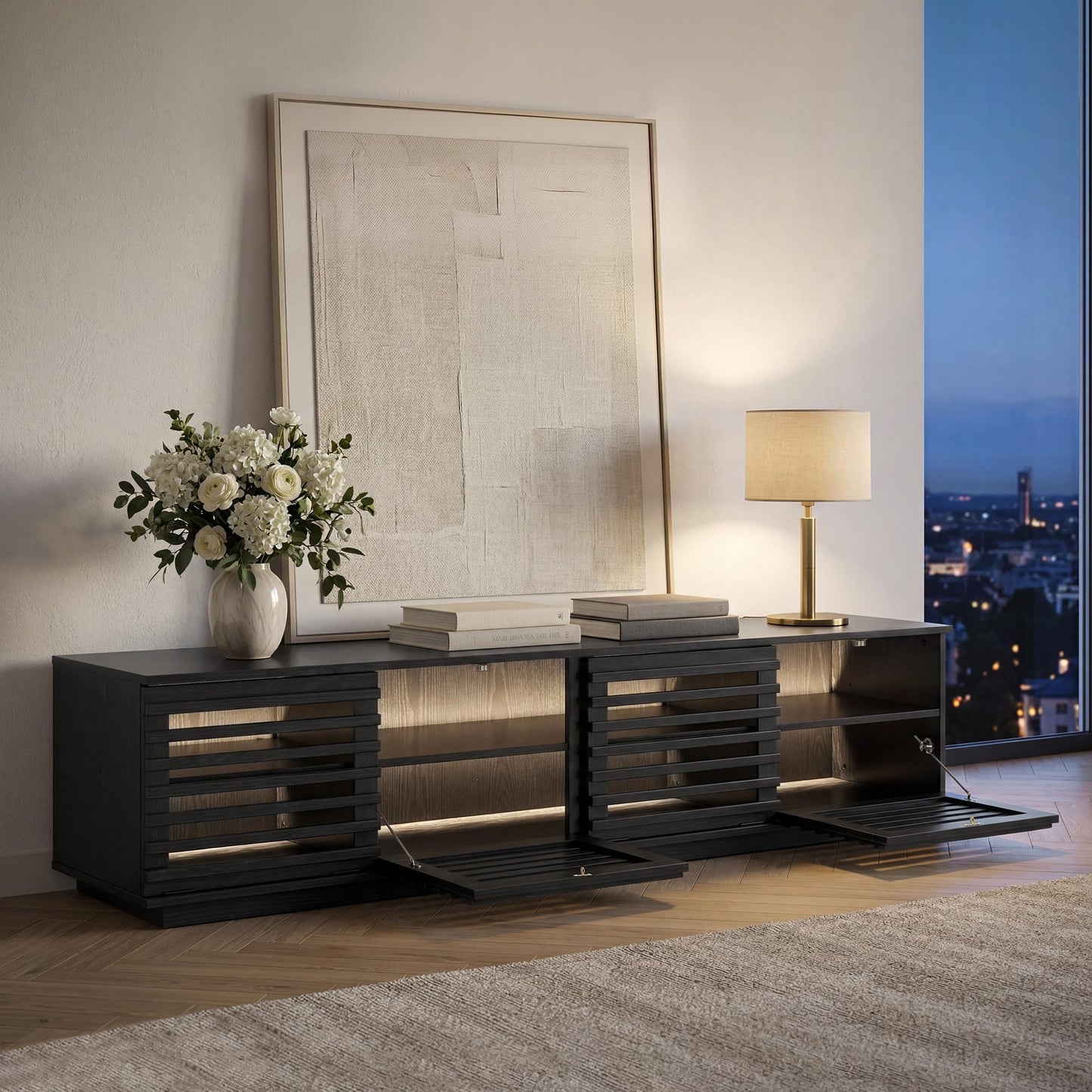 CHITA 70" Modern TV Stands with LED Light for TVs Up to 75 inches, Low Profile Entertainment Center with 4 Flip-Down Door & Fluted Details, TV Media Console for Living Room, Black