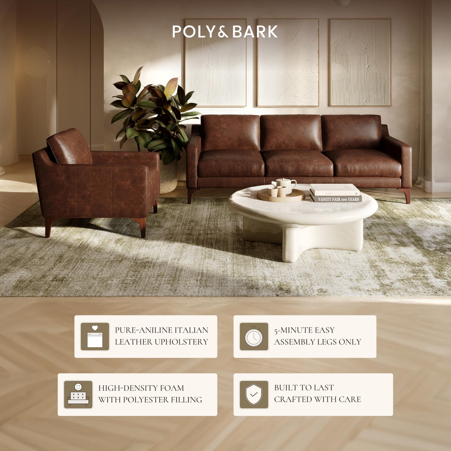 Poly & BARK Mateo Leather Lounge Chair – Cognac Tan Full-Grain Leather Upholstery – Modern Upholstered Accent Chair for Living Room or Bedroom – Indoor Lounge Seating with Timeless Comfort