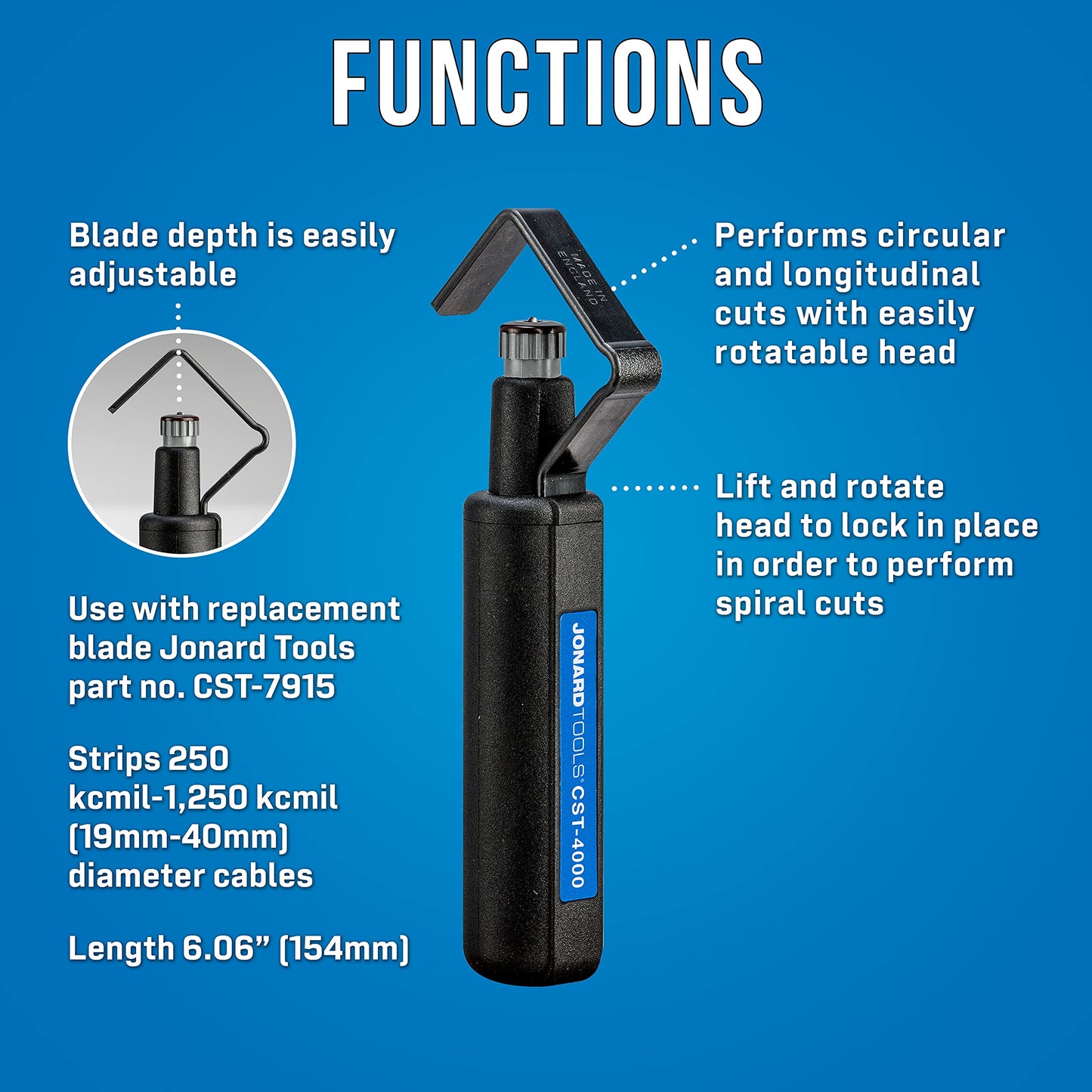 Jonard Tools CST-1900 Round Cable Stripper for Fast and Precise Jacket Removal, 3/16" to 1 1/8" Diameter, Cable Strip & Ring Tool, Original version
