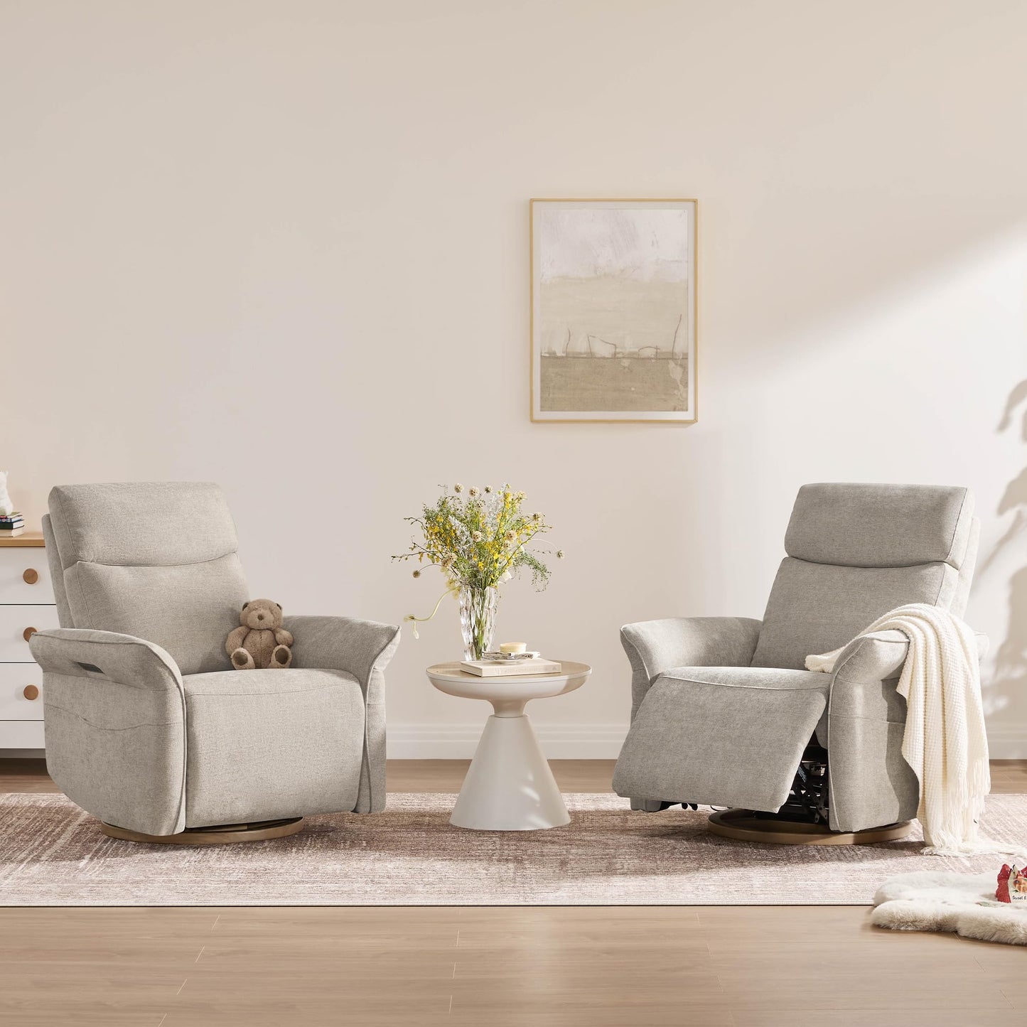 CHITA Power Recliner Chair, Electric Triple-Motor Swivel Glider Nursery Rocking Chair with Adjustable Power Headrest and Lumbar Support, GREENGARD Gold Certified, Solid Wood Base, Linen