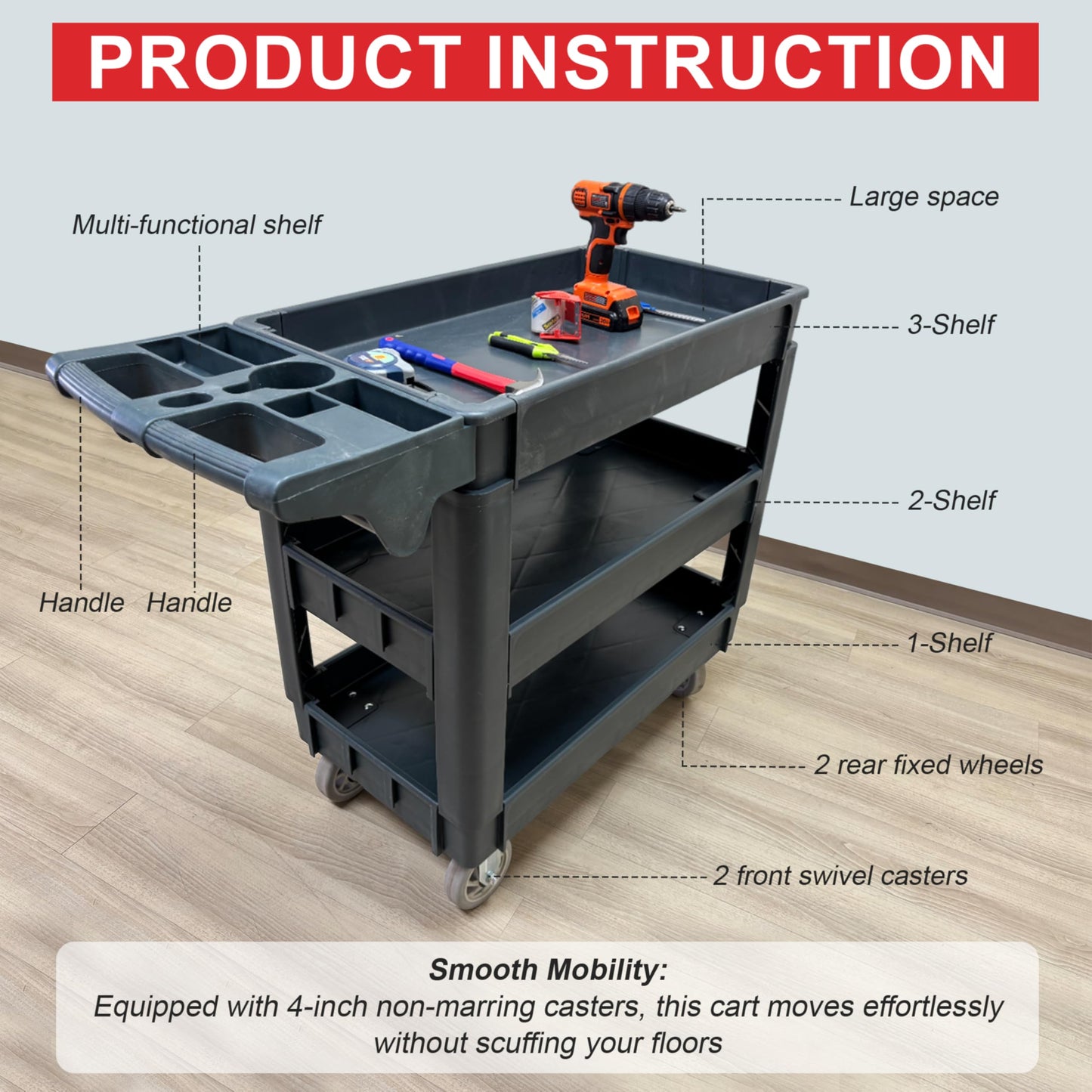 600 lbs Heavy Duty Rolling Utility Service Cart with Wheels, 3-Tier HDPE Deep Shelves, 5" Caster Wheels for Warehouse/Garage/Restaurants/Offices (SC3500D)
