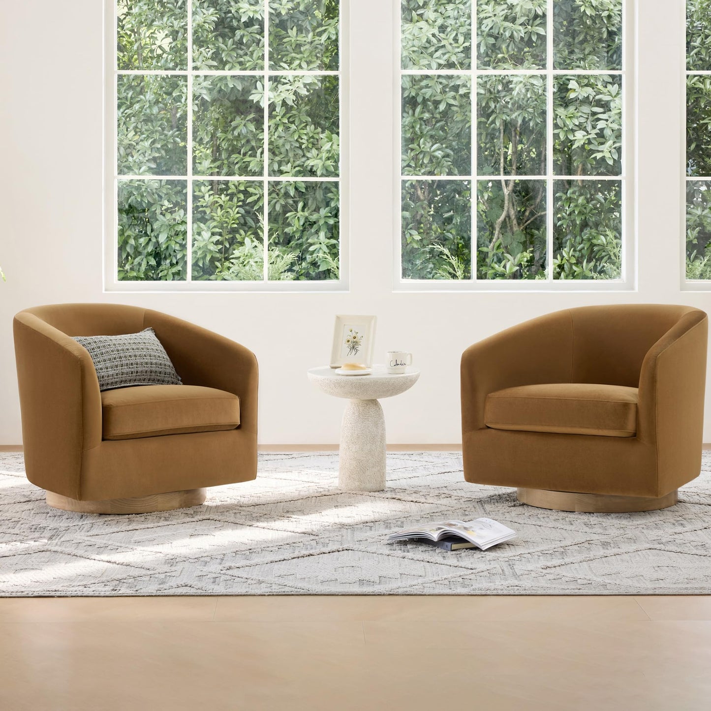 CHITA Swivel Accent Chair Set of 2, Fully Assembled Fabric Barrel Armchair with FSC Certified Upholstered for Living Room, Bedroom and Office, Flax Beige