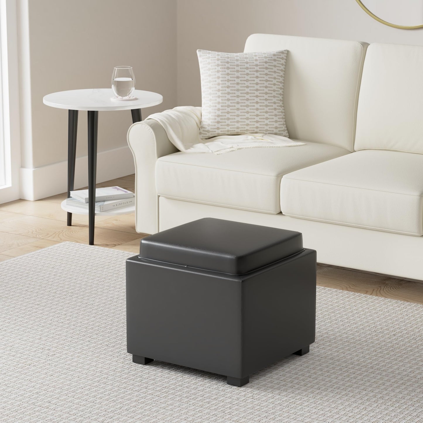 CHITA Storage Ottoman Cube with Tray Lid, Small Footstool with Storage, Square End Table for Living Room and Bedroom, Faux Leather in Saddle Brown