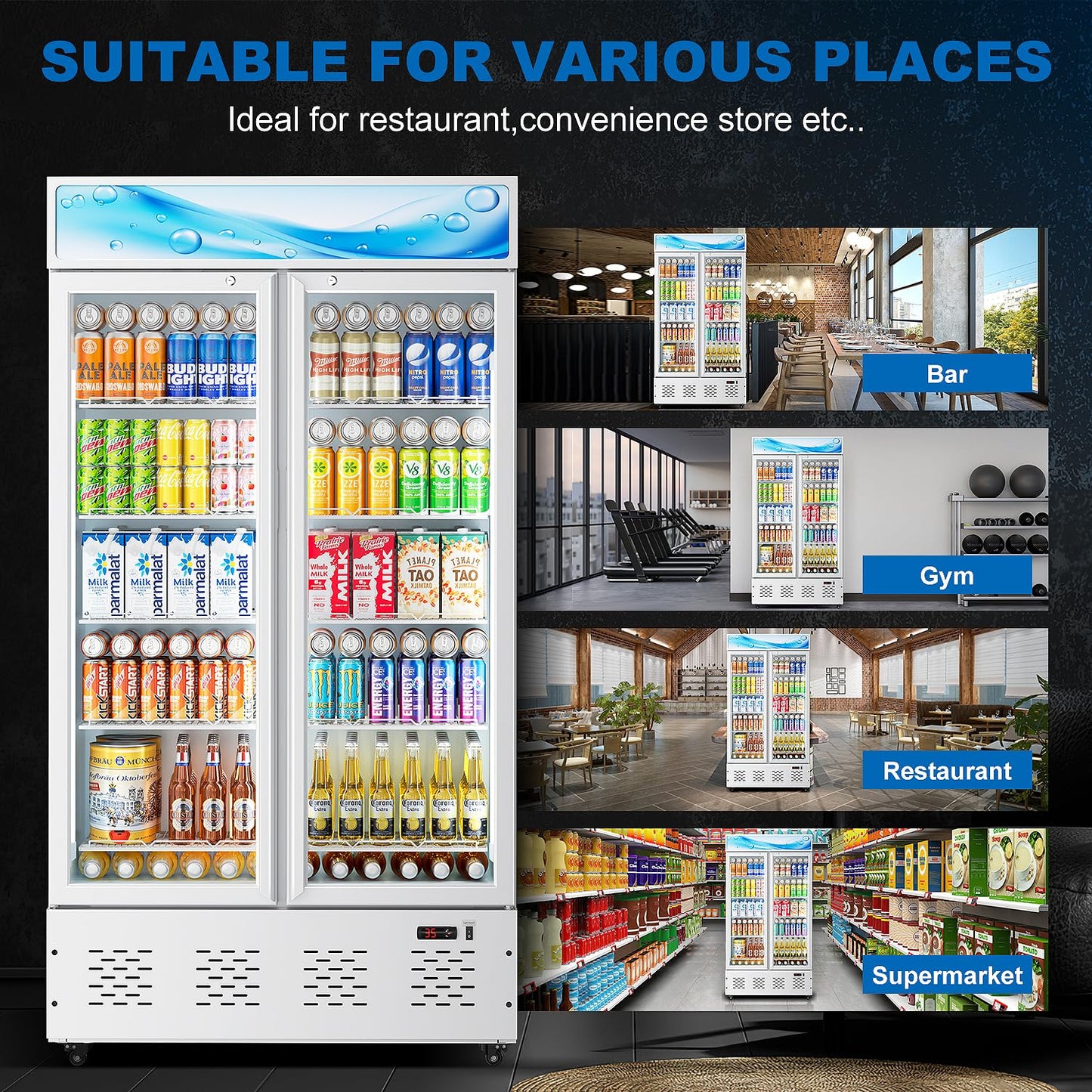 26.8'' W Commercial Beverage Refrigerator, 15 Cu.ft Upright Display Merchandiser Cooler Fridge with LED Light, Adjustable Shelves & Lockable Door for Restaurant Grocery Stores Home, White