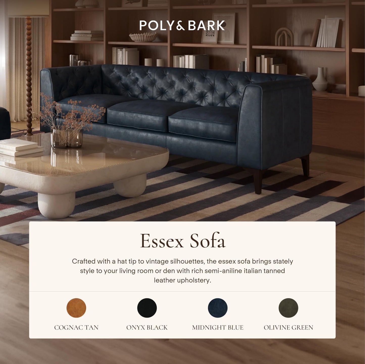 POLY & BARK Essex 89” Full-Grain Italian Leather Sofa – Tufted Back, Feather-Down Comfort, Solid Wood Frame, Cognac Tan