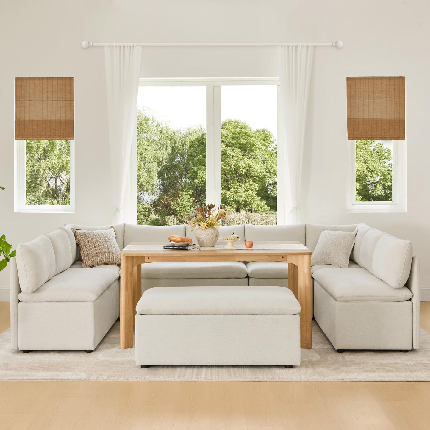 CHITA Breakfast Nook Bench with Storage, Upholstered Dining Bench with Back, Corner Kitchen & Dining Banquette Seating Nook, Dining Settee, L Shaped 4 Seats, Fabric in Linen