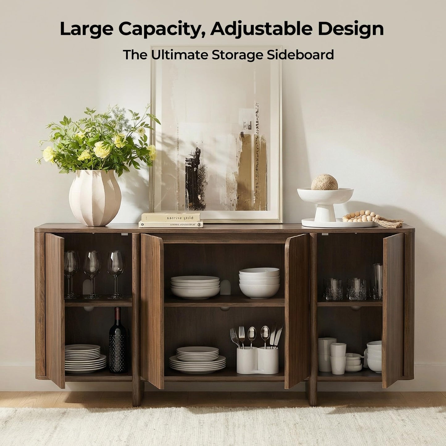CHITA 66" Sideboard Buffet Cabinet with Storage, Modern Console Cabinet with 4 Doors & Adjustable Shelves, Storage Credenzas for Living Room, Kitchen, Hallway, Bar, Walnut