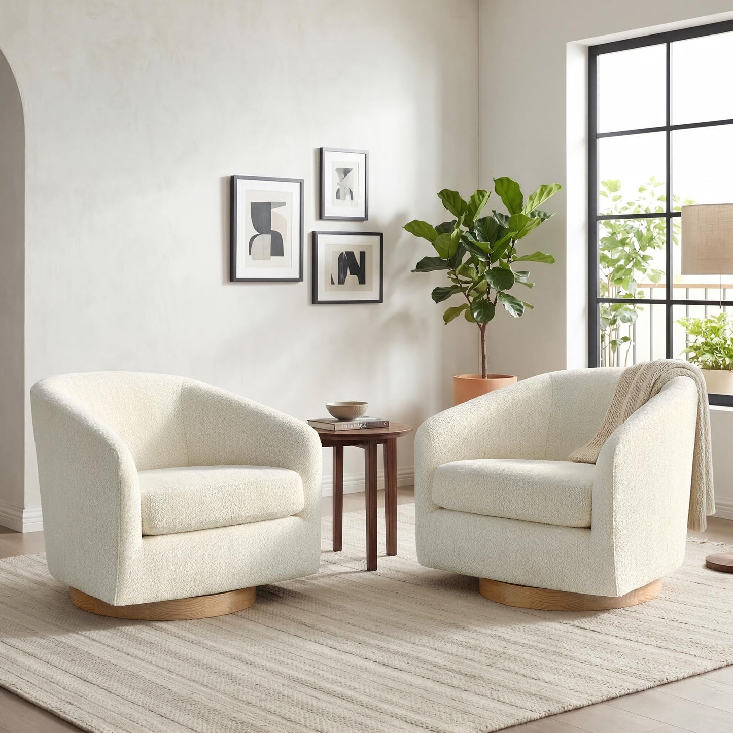 CHITA Swivel Accent Chair Set of 2, Fully Assembled Fabric Barrel Armchair with FSC Certified Upholstered for Living Room, Bedroom and Office, Flax Beige