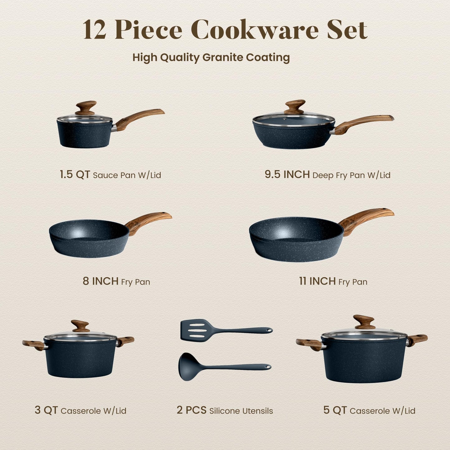 Kitchen Academy Induction Cookware Sets - 12 Piece Pots and Pans Set Non Stick, Black Granite Nonstick Cooking Pan Set(PFOS, PFOA Free)