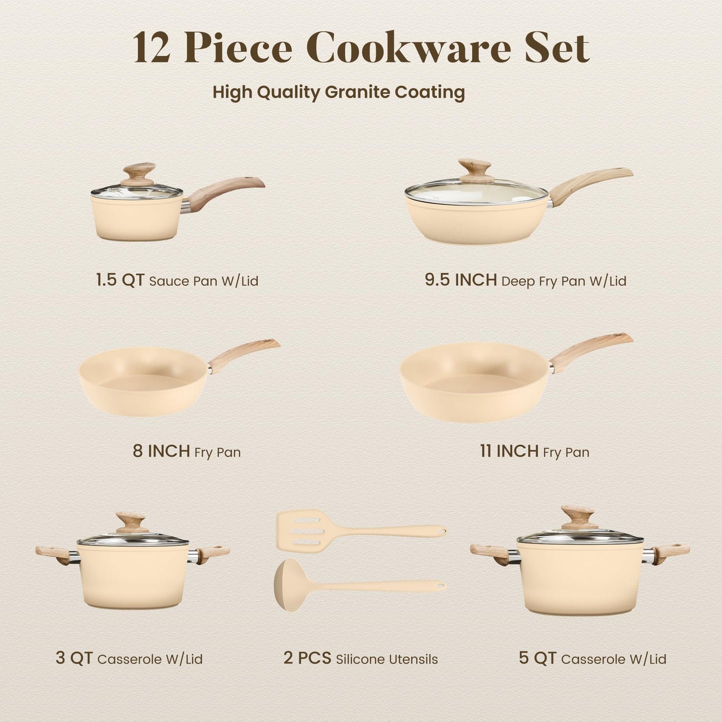 Kitchen Academy Induction Cookware Sets - 12 Piece Pots and Pans Set Non Stick, Black Granite Nonstick Cooking Pan Set(PFOS, PFOA Free)