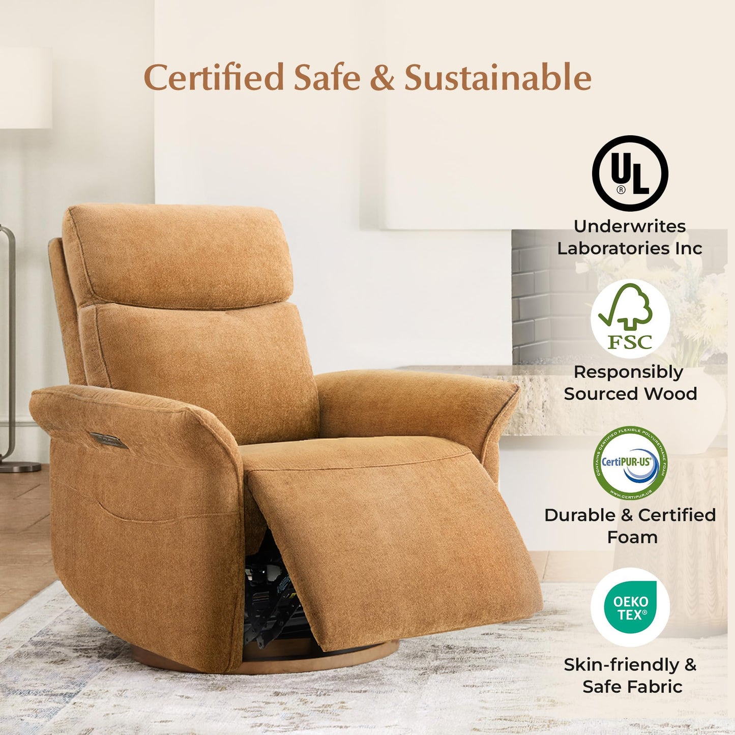 CHITA Power Recliner Chair, Electric Triple-Motor Swivel Glider Nursery Rocking Chair with Adjustable Power Headrest and Lumbar Support, GREENGARD Gold Certified, Solid Wood Base, Linen