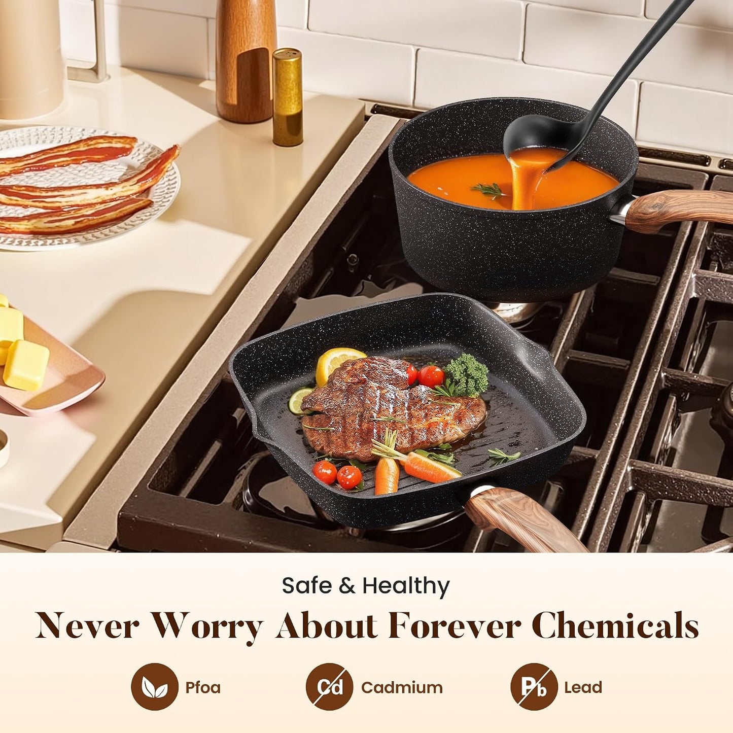 Kitchen Academy 30Pcs Bakeware & Cookware Set + 24Pcs Stoneware Dinnerware Set for 8