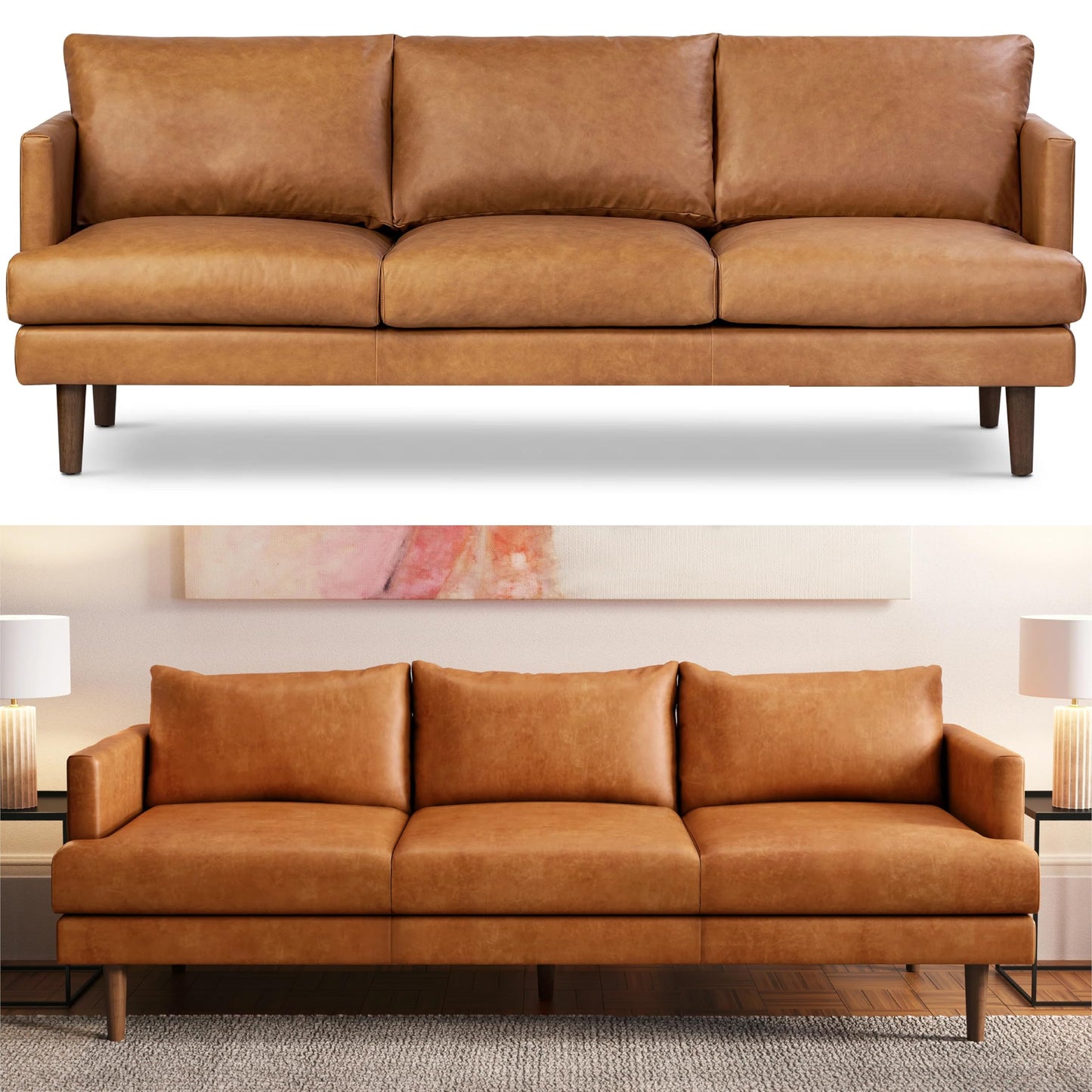 POLY & BARK Sorrento 86" Sofa – Cognac Tan Full-Grain Pure-Aniline Italian Leather, Feather-Down Cushions, Solid Wood Frame & Walnut Legs