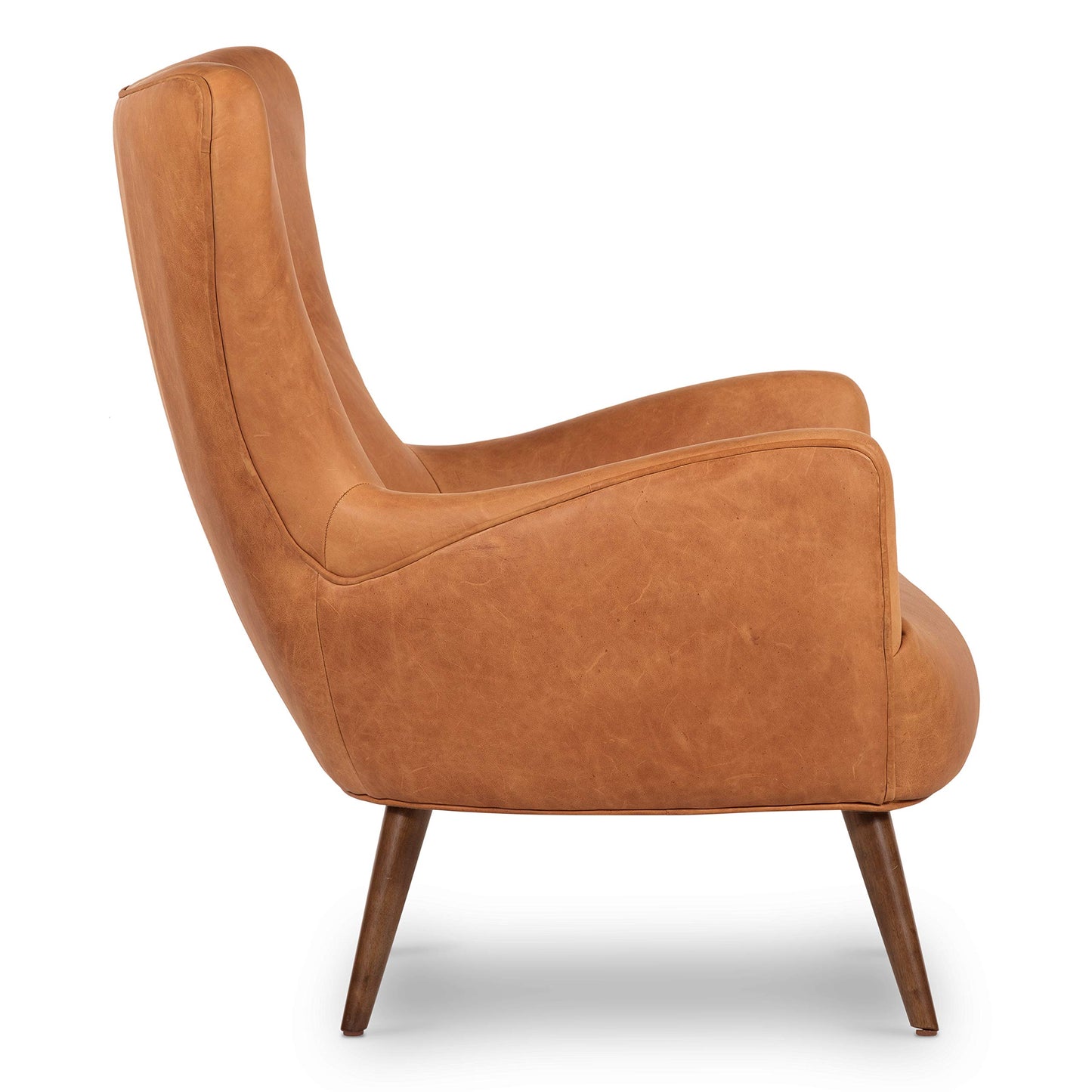 Poly & BARK Rowan Lounge Chairs Set of 2 – Mid Century Modern Leather Armchairs with Ribbed Seat and Solid Ash Wood Frame, Cognac Tan