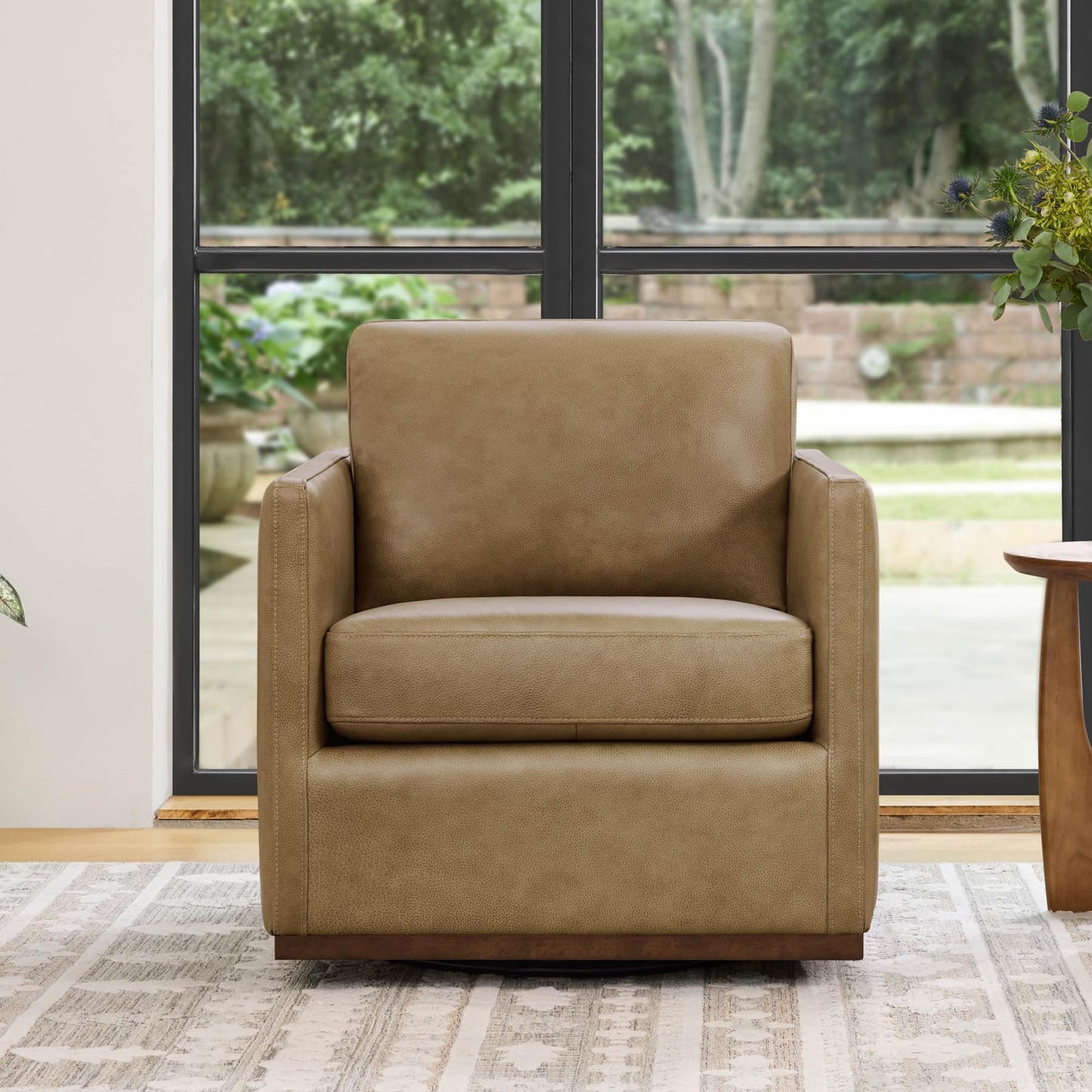 CHITA Genuine Leather Swivel Accent Chair, FSC Certified Mid Century Modern Arm Chair for Living Room and Bedroom, Fully Assembled, Saddle
