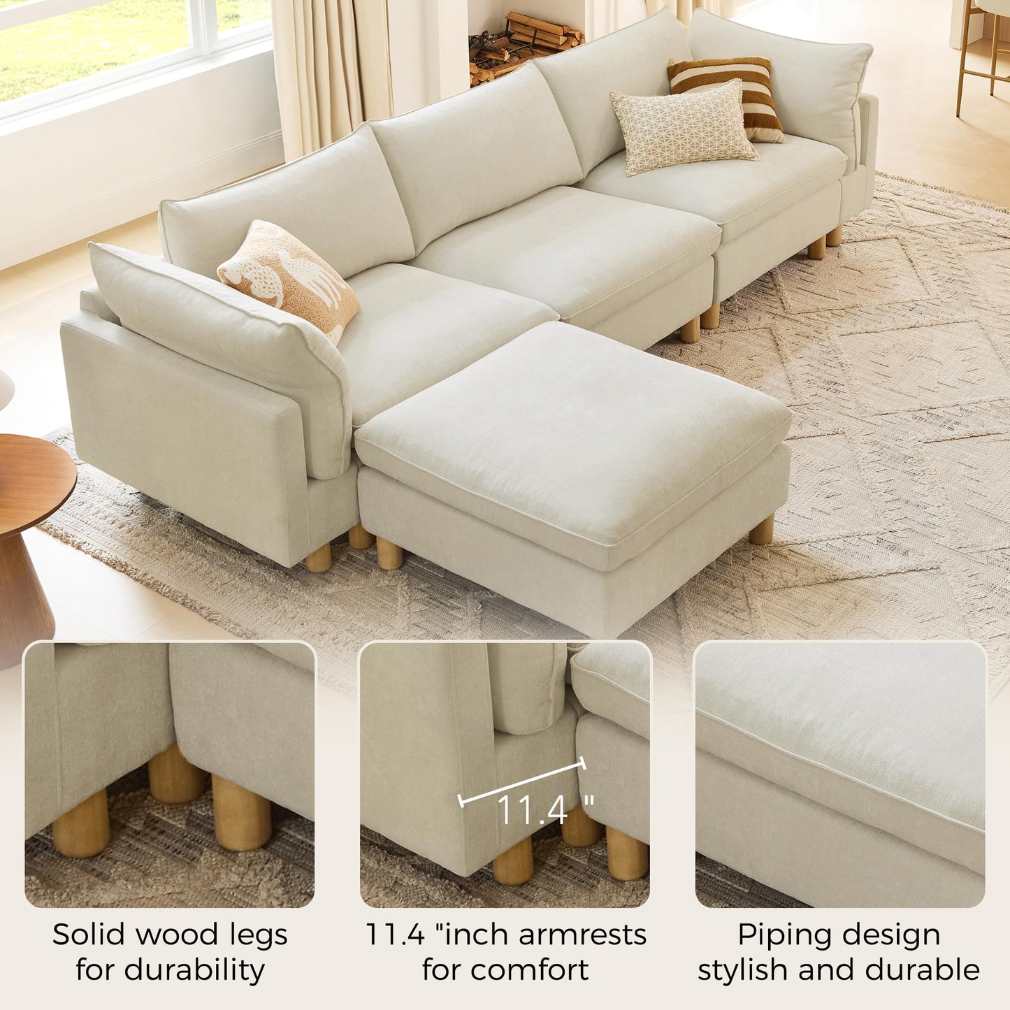 CHITA 127" Super Large Sectional Couches for Living Room, Modular Cloud Couch Sectional Sofa, Premium Fabric Couches, Down Filled, High Density Foam, Chenille in Cream, 4 Seat L Shaped