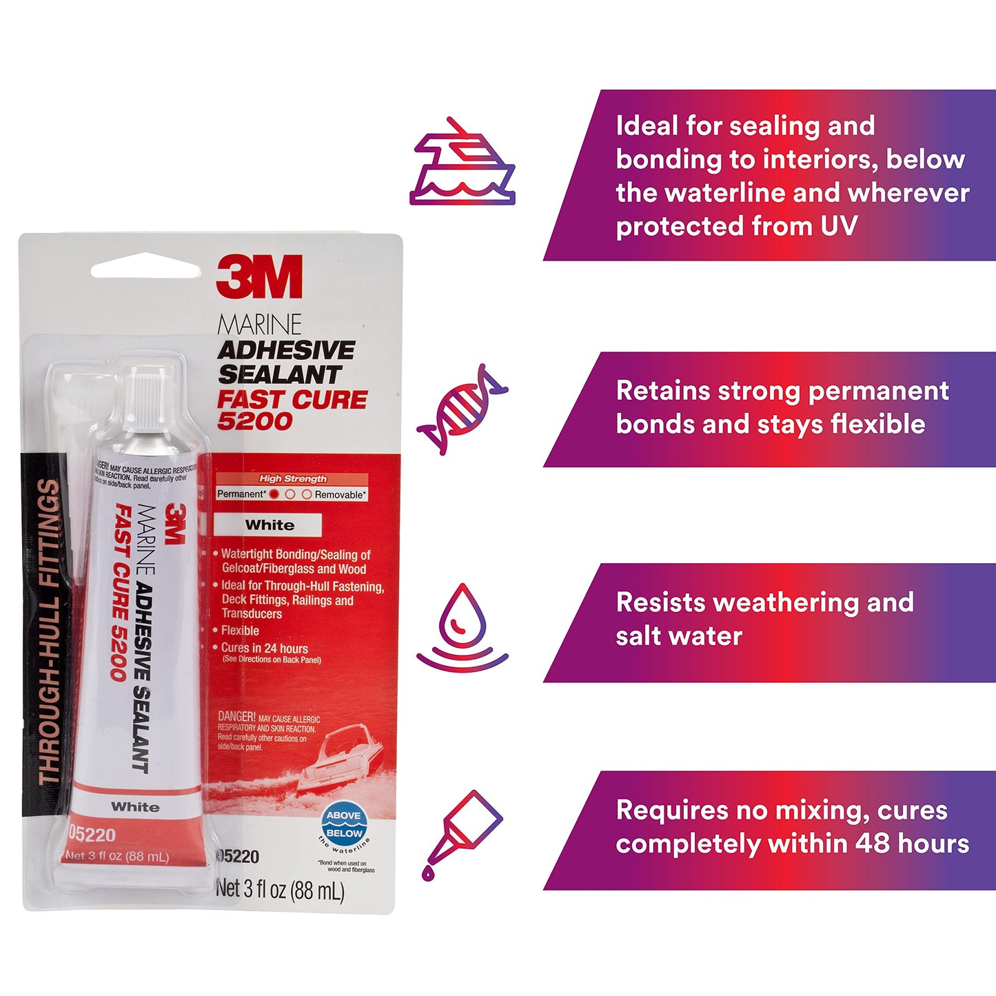 3M Marine Adhesive Sealant 5200FC Fast Cure, White, Flexible Bonds, Water-Resistant, 10 fl oz (295 mL) Cartridge with Nozzle, 1 Each