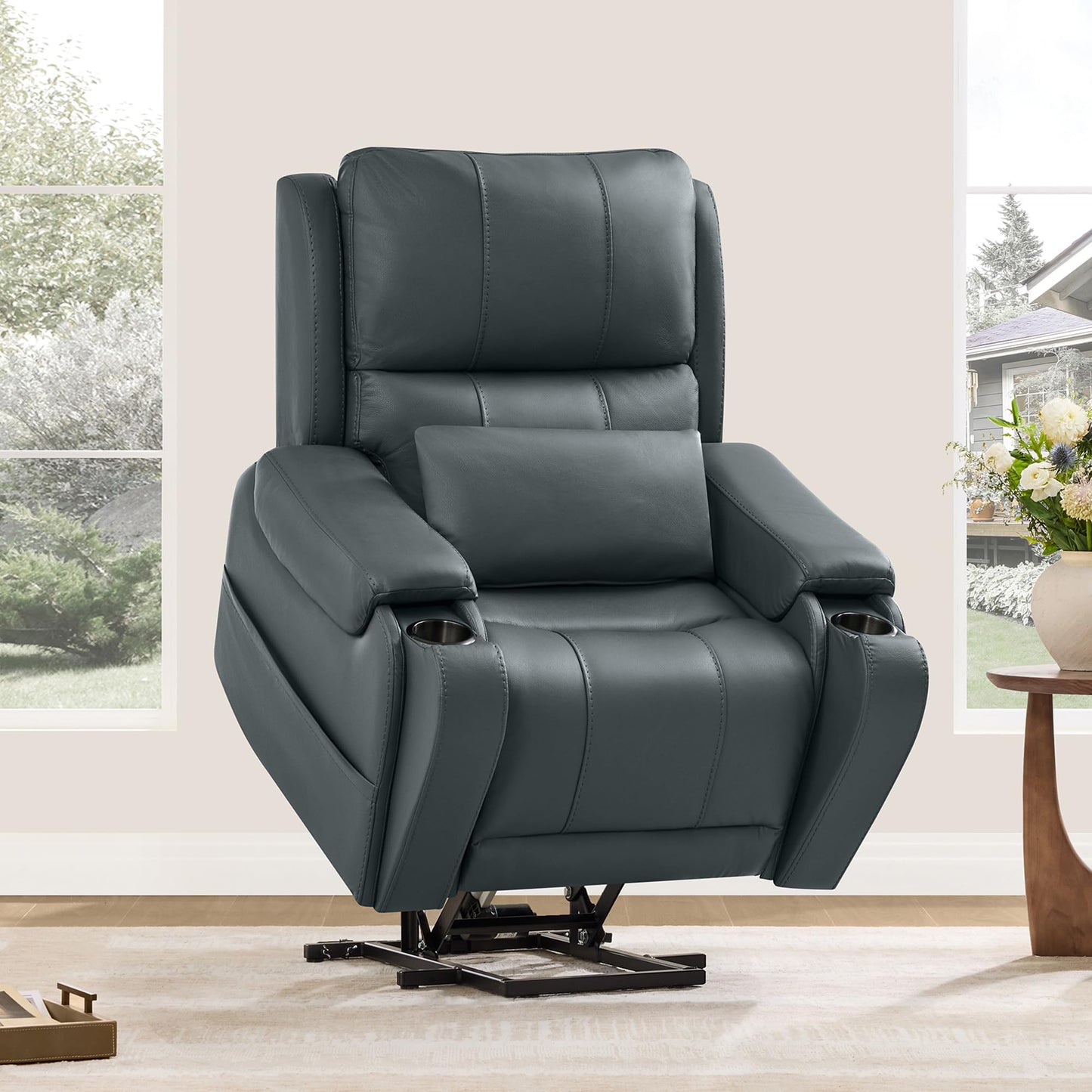 CHITA Power Lift Recliner Chair for Elderly with Heat and Massage, Genuine Leather Electric Lift Chairs with Cup Holder, Removable Lumbar Pillow, 2 Side Pockets, Leather in Navy