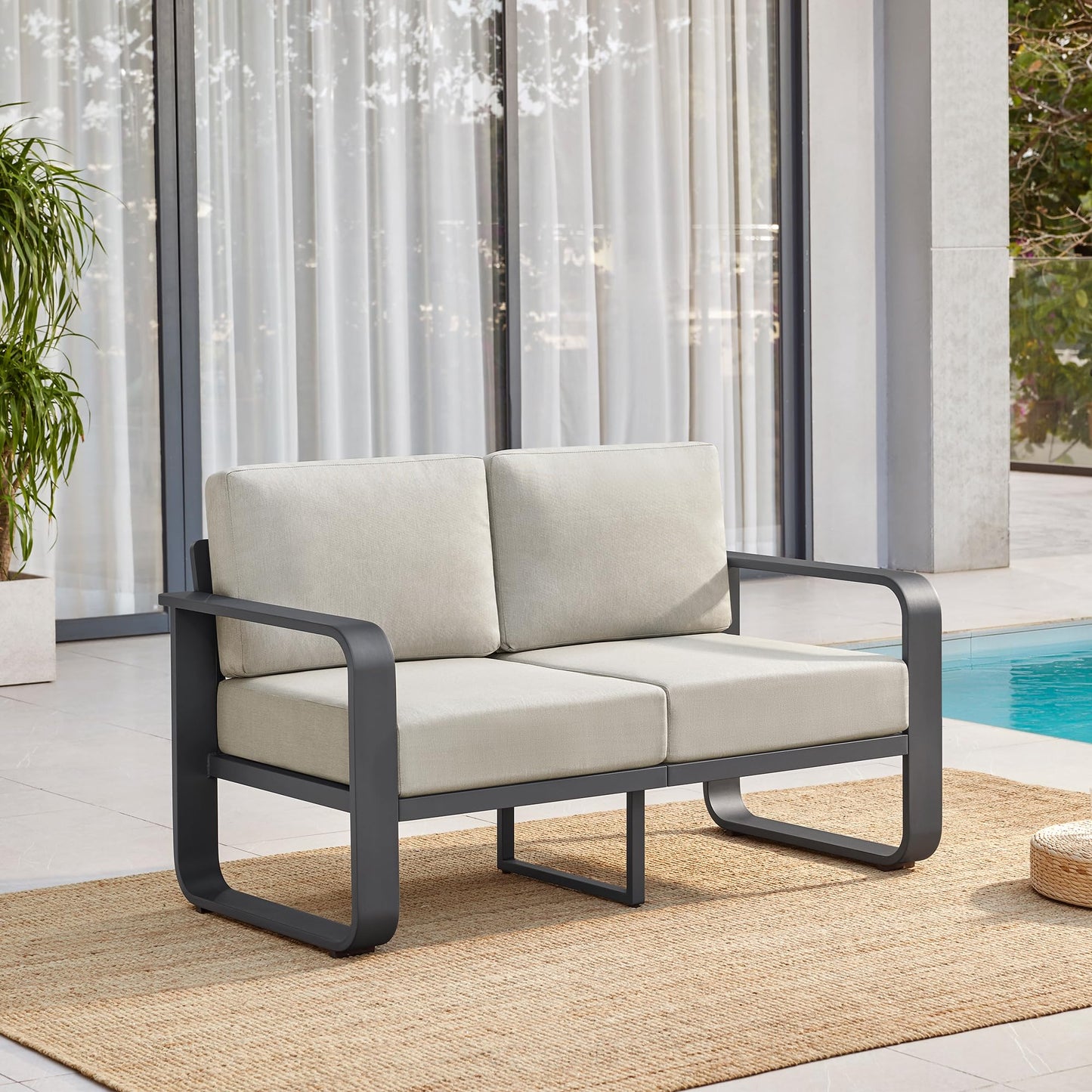 CHITA Outdoor Furniture Set 4 Piece, 5-Seats Patio Conversation Set with 6.3in Thick Cushions & 100% Aluminum Frame & Coffee Table, Modern Outdoor Patio Furniture Sofa Set for Poolside, Deck, Balcony