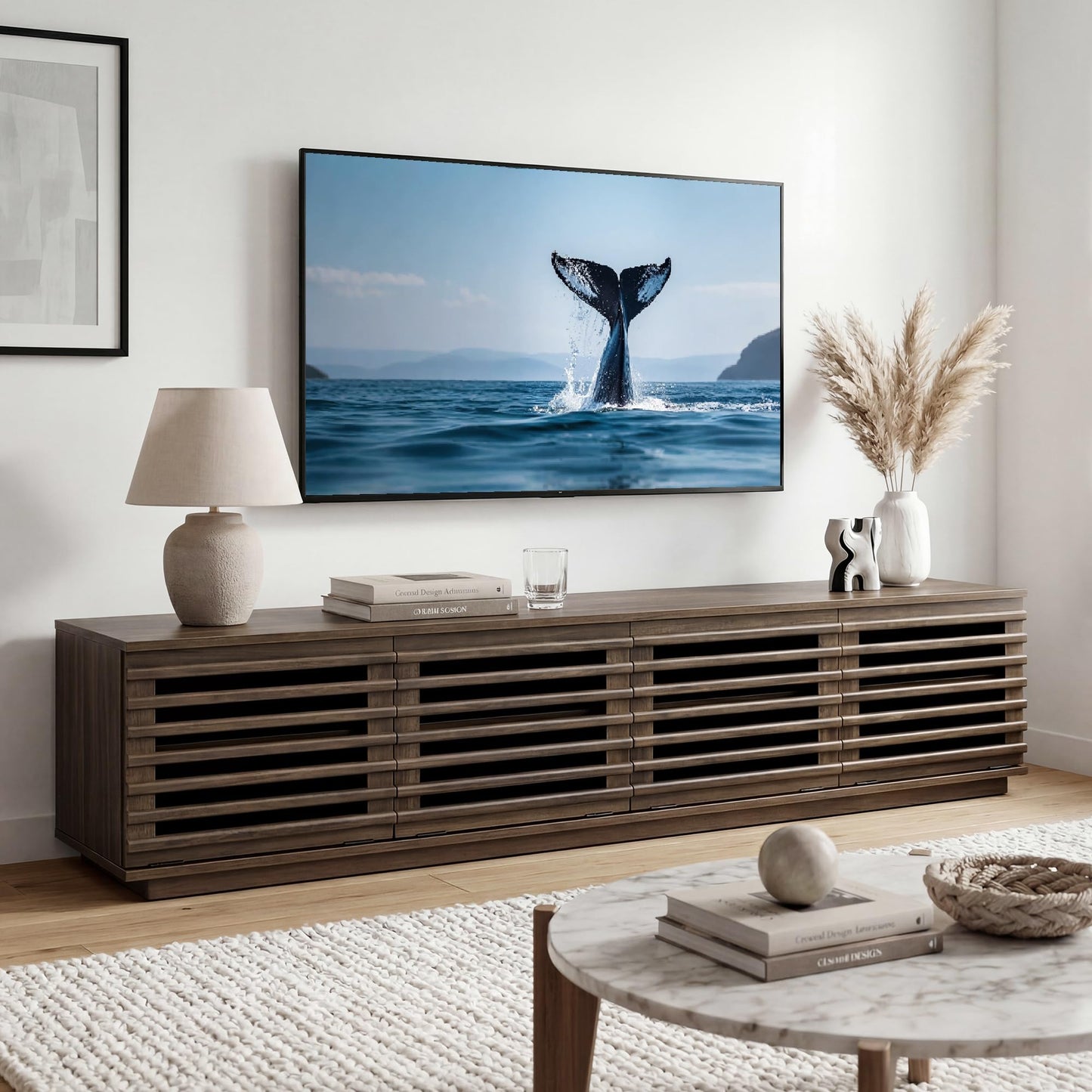 CHITA 70" Modern TV Stands with LED Light for TVs Up to 75 inches, Low Profile Entertainment Center with 4 Flip-Down Door & Fluted Details, TV Media Console for Living Room, Black