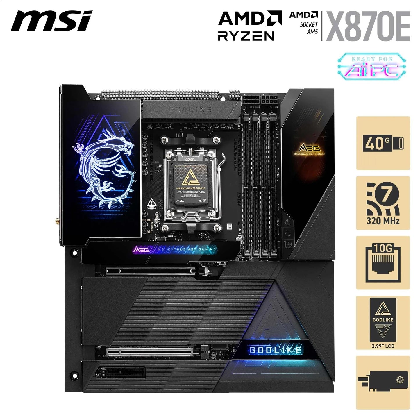MSI MPG X870E Carbon WiFi Gaming Motherboard (AMD Ryzen 9000/8000/7000 Series Processors, AM5, DDR5, PCIe 5.0, M.2 Gen5, SATA 6Gb/s, USB 40Gbps, HDMI, Wi-Fi 7, Bluetooth 5.4, 5Gbps LAN, ATX)