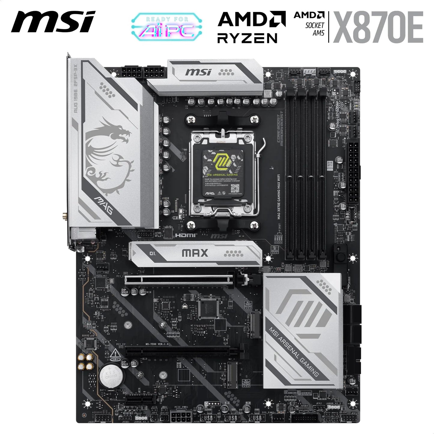 MSI MPG X870E Carbon WiFi Gaming Motherboard (AMD Ryzen 9000/8000/7000 Series Processors, AM5, DDR5, PCIe 5.0, M.2 Gen5, SATA 6Gb/s, USB 40Gbps, HDMI, Wi-Fi 7, Bluetooth 5.4, 5Gbps LAN, ATX)