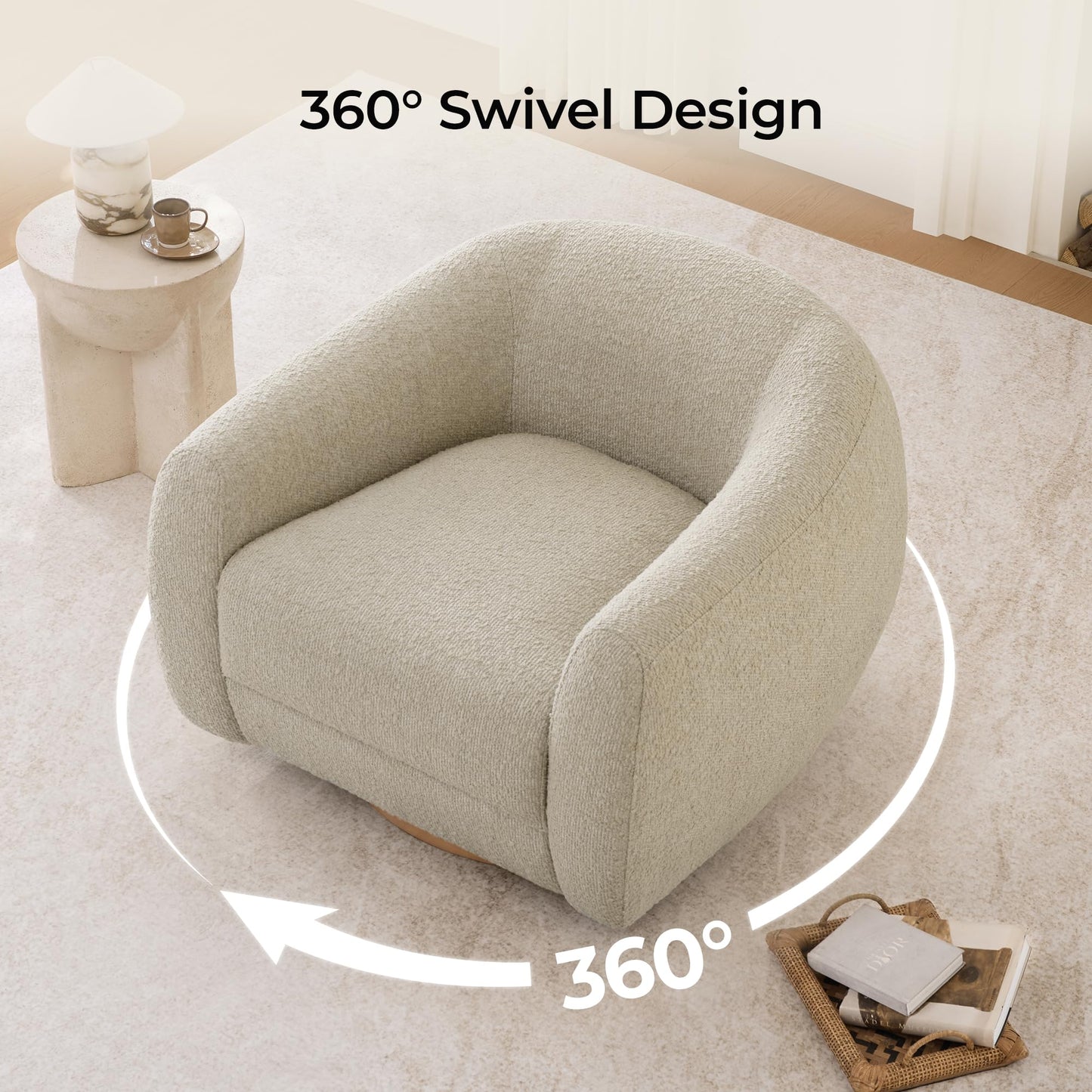 CHITA Genuine Leather Swivel Accent Chair, FSC Certified Mid Century Modern Arm Chair with Wood Base for Living Room and Bedroom, Fully Assembled, Sand