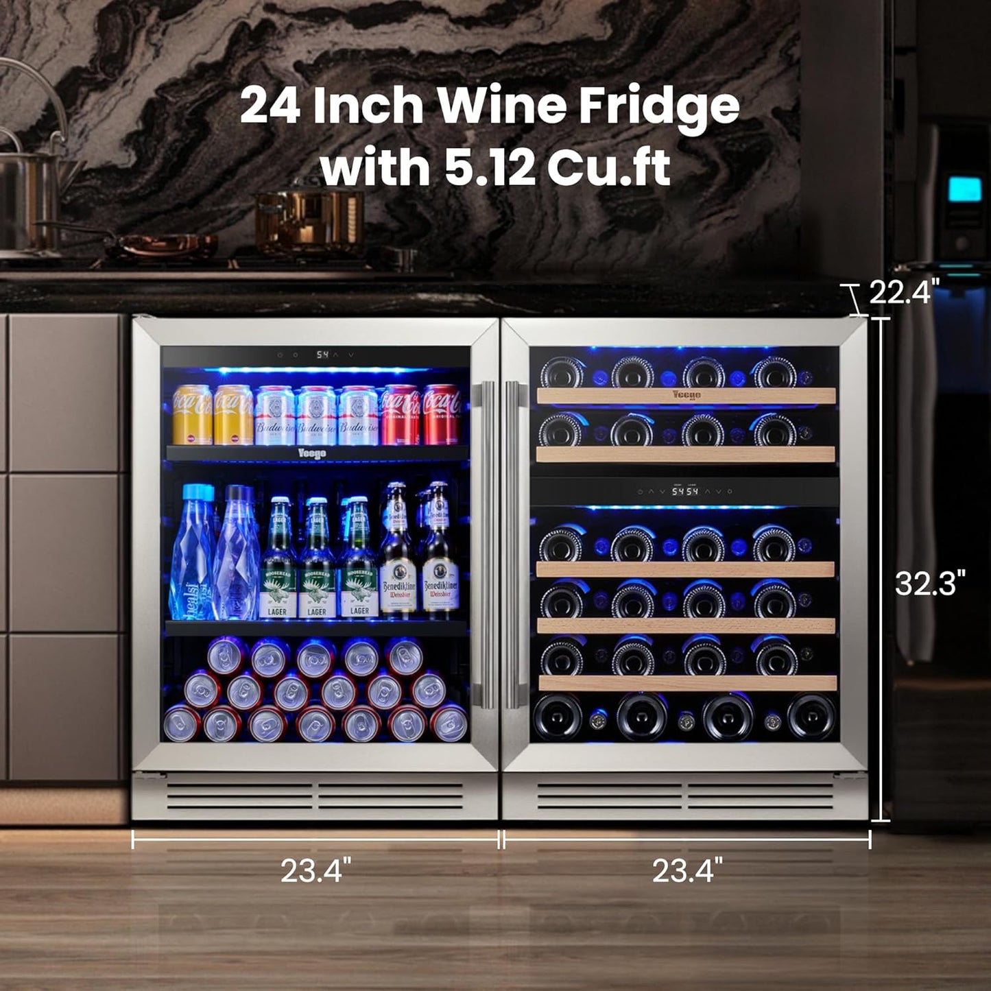 Yeego 48 inch Wine & Beverage Fridge Combo - Dual Zone Wine Cooler with Glass Doors, Hold 47 Bottles and 180 Cans, Built-in, Under Counter & Freestanding, Ideal for Bars, Offices, Restaurants
