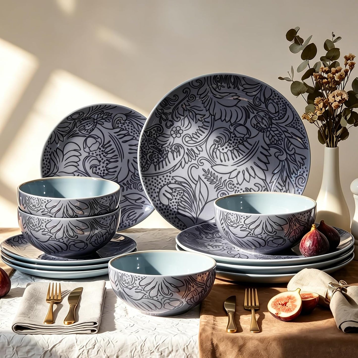 Kitchen Academy Scandinavian Dinnerware Set for 4, Stoneware Plates and Bowls Set Non Toxic, 12 Pcs Kitchen Dish Set, Microwave & Dishwasher Safe