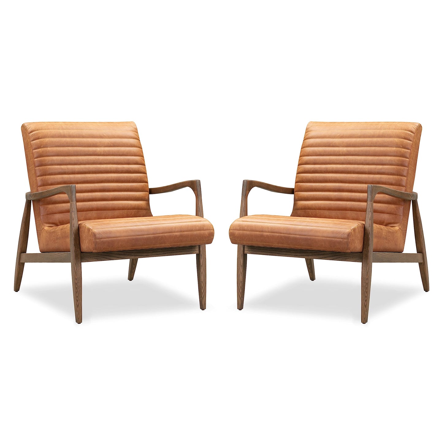 Poly & BARK Rowan Lounge Chairs Set of 2 – Mid Century Modern Leather Armchairs with Ribbed Seat and Solid Ash Wood Frame, Cognac Tan