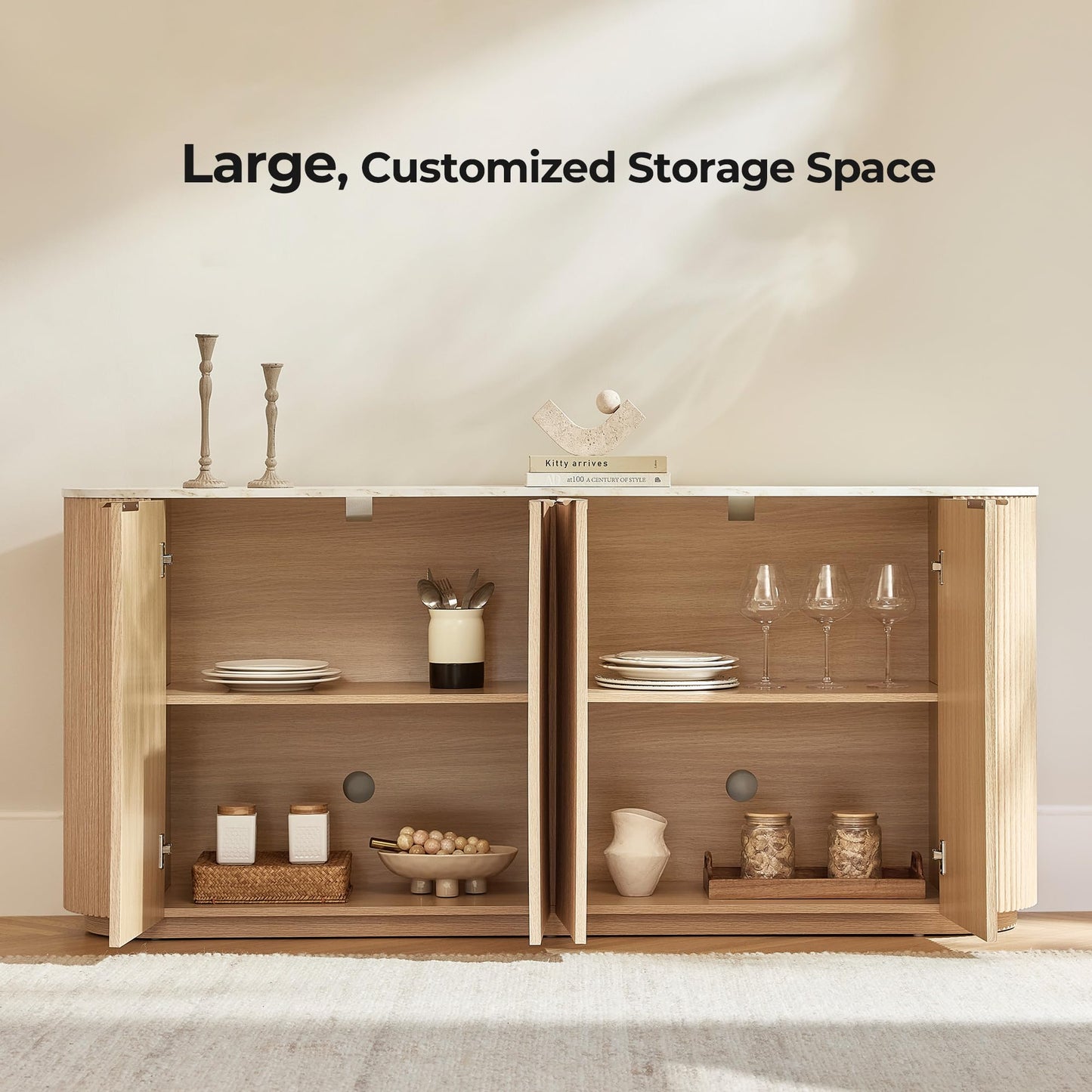 CHITA 70" Sideboard Buffet Cabinet with Storage, Fluted Accent Cabinet with Doors and Adjustable Shelves, Media Console for Living Room, Bar, Kitchen, 32" H, Walnut