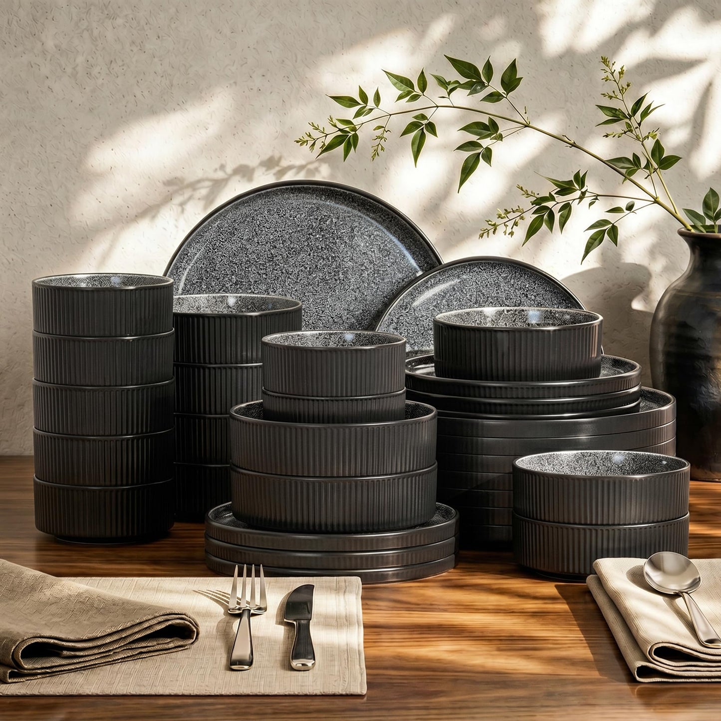 Kitchen Academy Brown Stoneawre Dinnerware Sets for 8, 24Pcs Ceramic Non Toxic Plates and Bowls Sets, Scratch Resistant Dishes, Oven & Microwave Safe