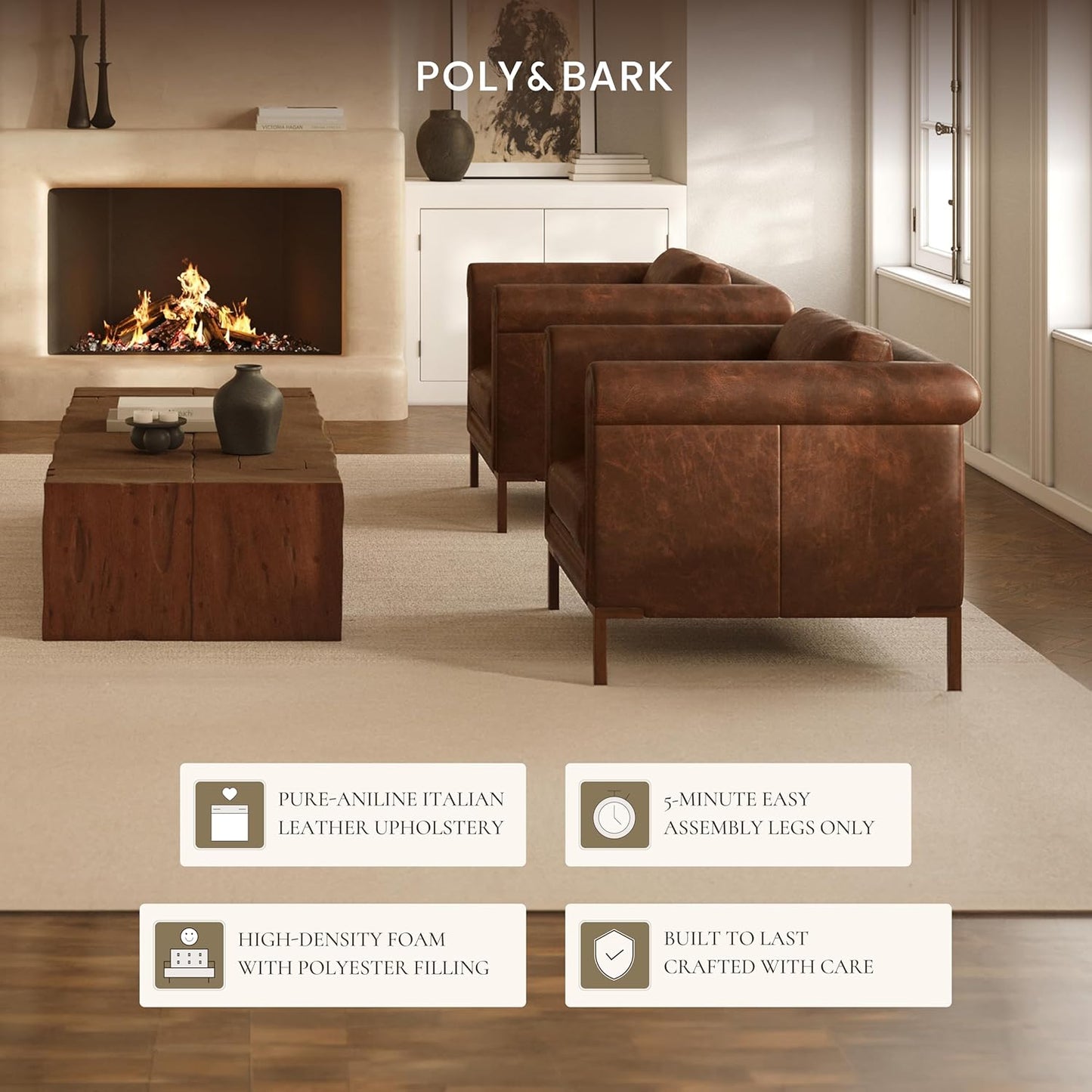 Poly & Bark Bruges Leather Lounge Chair – Chocolate Brown Full-Grain Leather Upholstery – Modern Upholstered Accent Chair for Living Room or Bedroom – Indoor Lounge Seating with Soul