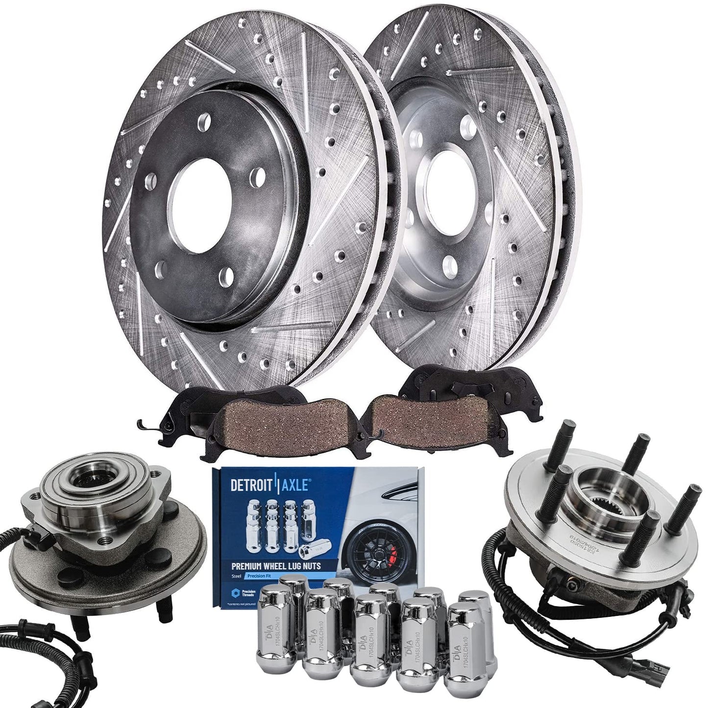 Detroit Axle - Brake Kit for 2006-2018 Dodge Ram 1500 2007-2009 Durango Chrysler Aspen 2019-2024 Ram 1500 Classic, Drilled Slotted Brake Rotors and Ceramic Brakes Pads w/Hardware Replacement