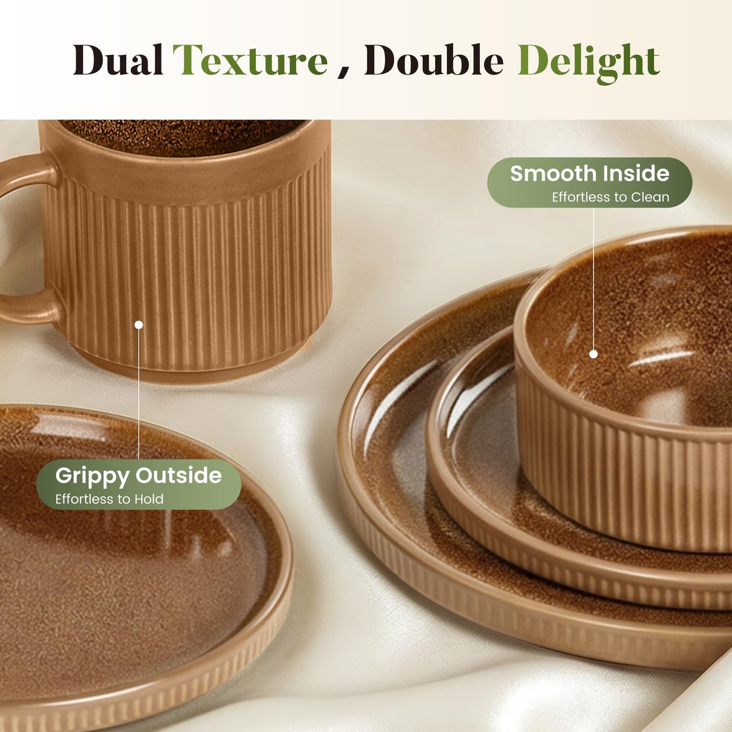Kitchen Academy Brown Stoneawre Dinnerware Sets for 8, 24Pcs Ceramic Non Toxic Plates and Bowls Sets, Scratch Resistant Dishes, Oven & Microwave Safe