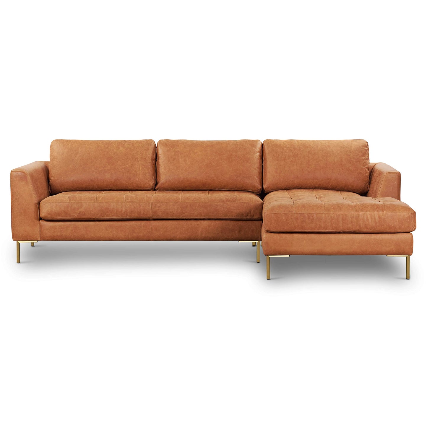 Poly & BARK Calle Right-Facing Sectional in Full-Grain Pure-Aniline Italian Tanned Leather in Cognac Tan and Brass Legs