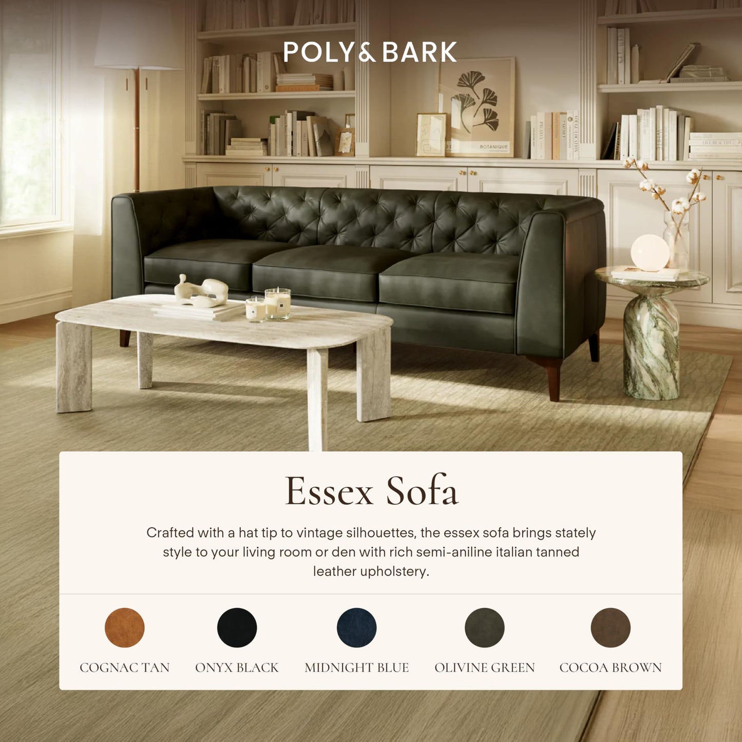 POLY & BARK Essex 89” Full-Grain Italian Leather Sofa – Tufted Back, Feather-Down Comfort, Solid Wood Frame, Cognac Tan