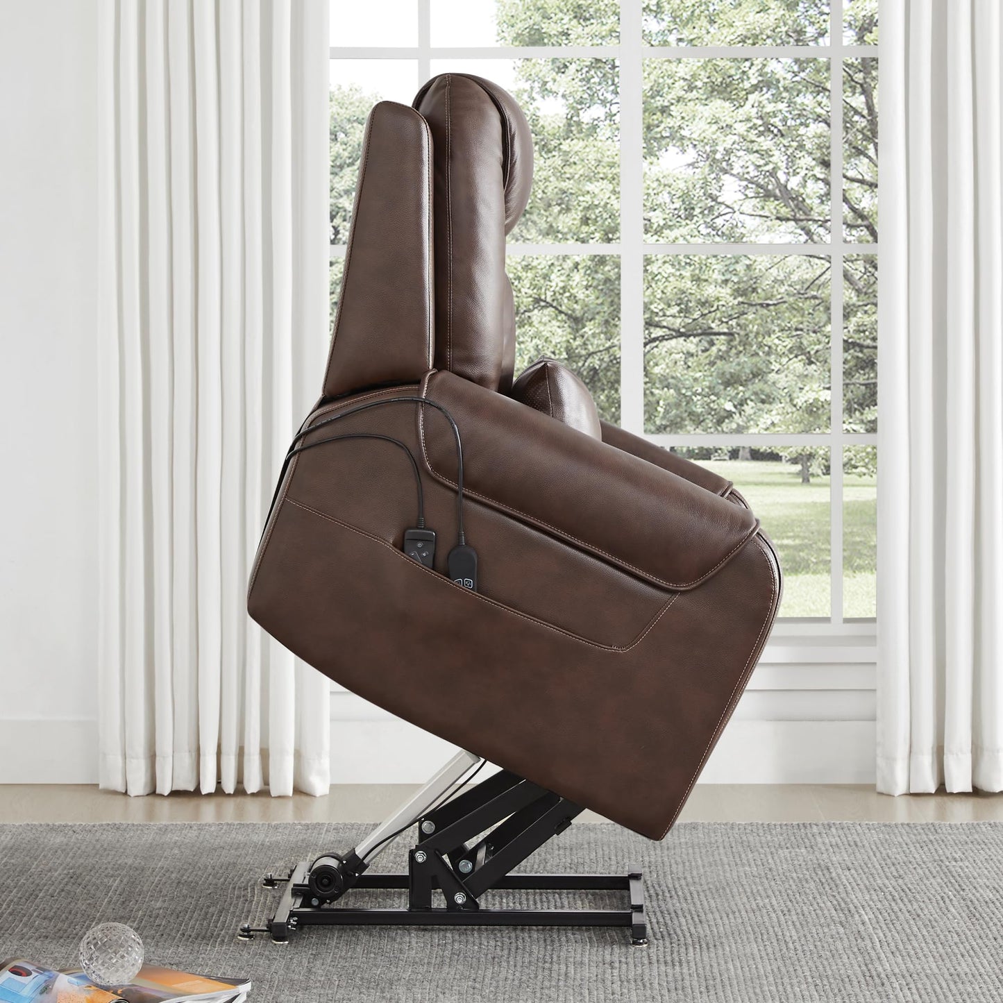 CHITA Electric Power Lift Recliner Chair for Elderly with Massage and Heat, Large Lay Flat Genuine Leather Recliner Chair with Cup Holders, USB Ports, Power Headrest, Independent Backrest, Saddle
